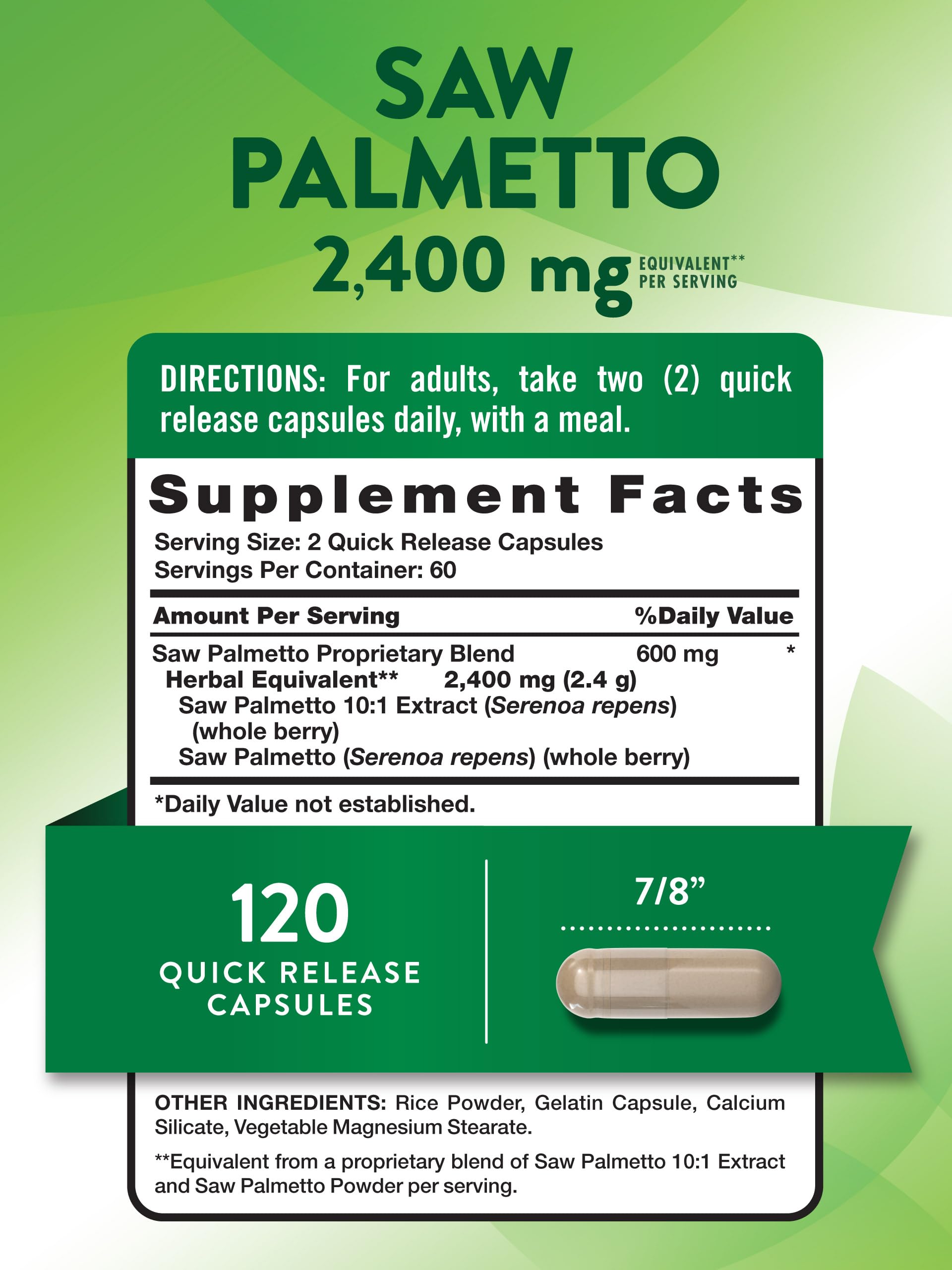 Close-up of Nature's Truth Saw Palmetto Extract bottle and capsules