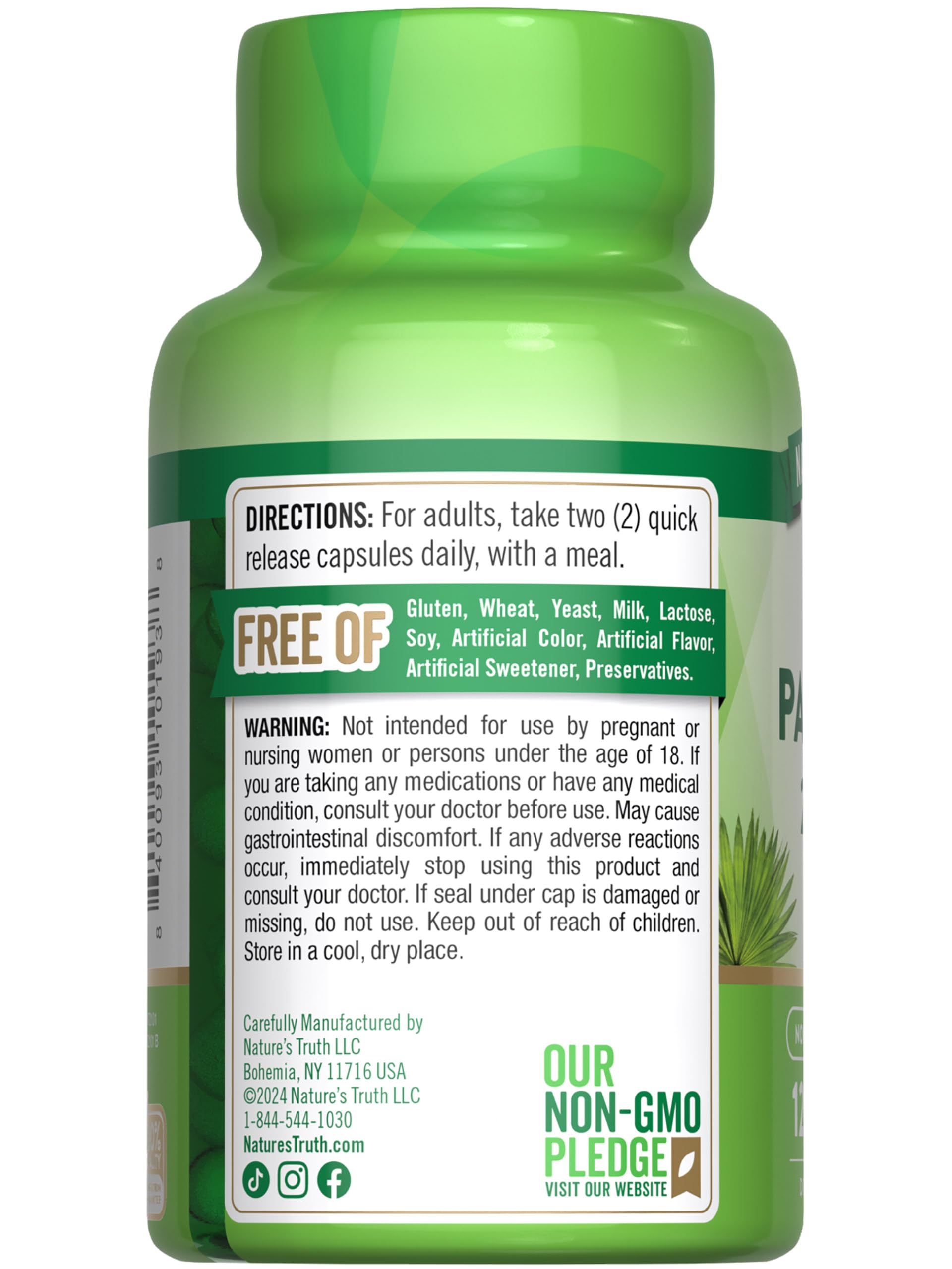 Lifestyle shot showing Nature's Truth Saw Palmetto bottle with capsules