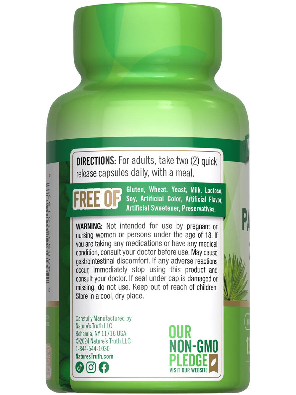 Lifestyle shot showing Nature's Truth Saw Palmetto bottle with capsules