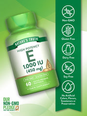 Front label showing Non-GMO and Gluten Free on Nature's Truth Vitamin E Softgels