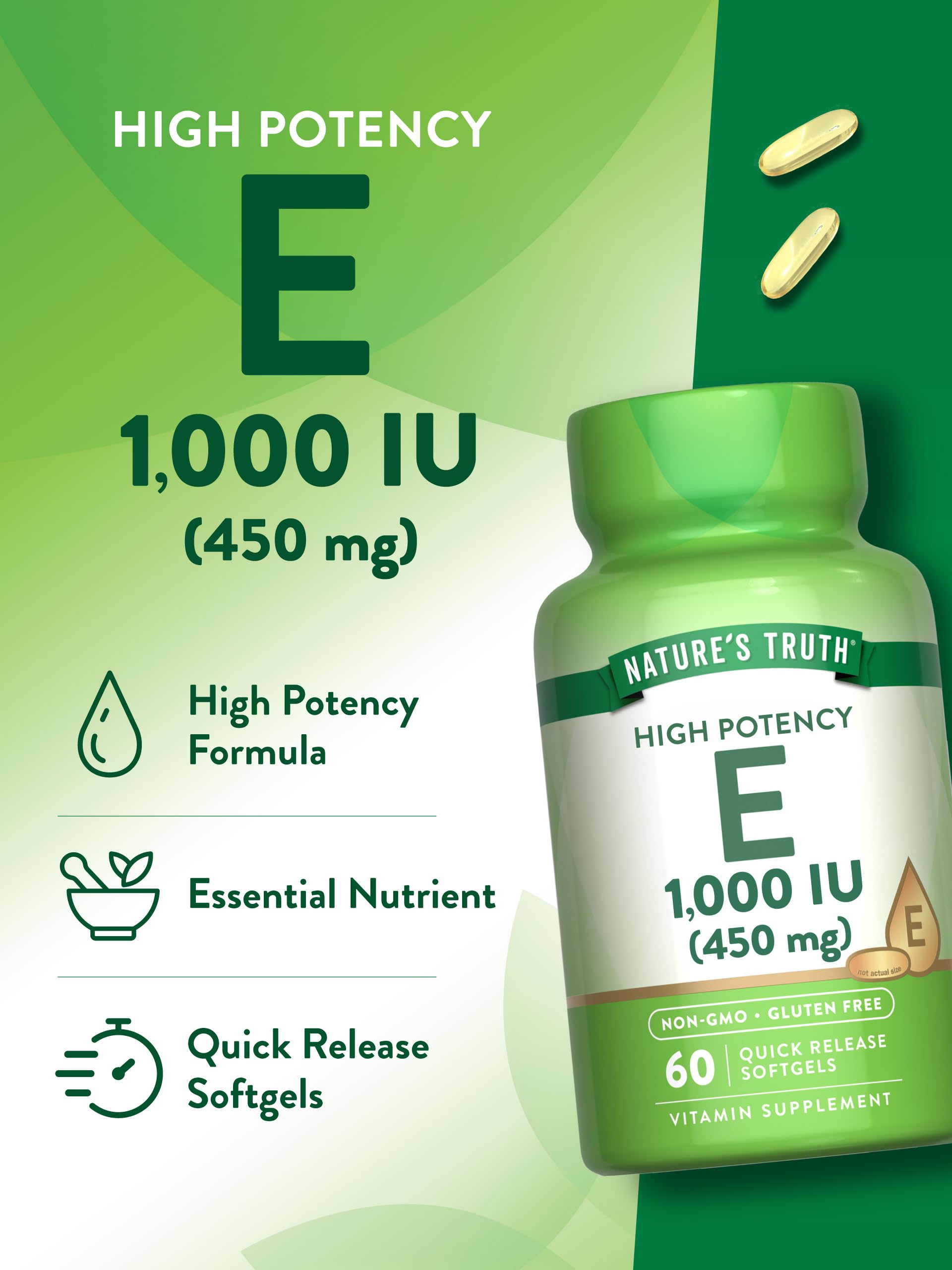 Non-GMO and Gluten Free icons on Nature's Truth Vitamin E label