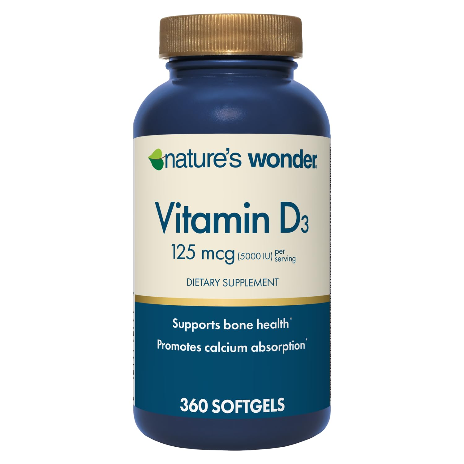 Nature's Wonder Vitamin D3 bottle with 360 softgels