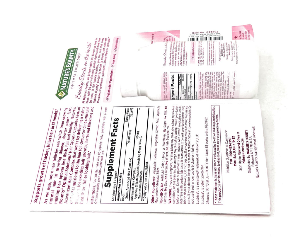 Nutrition facts label on bottle