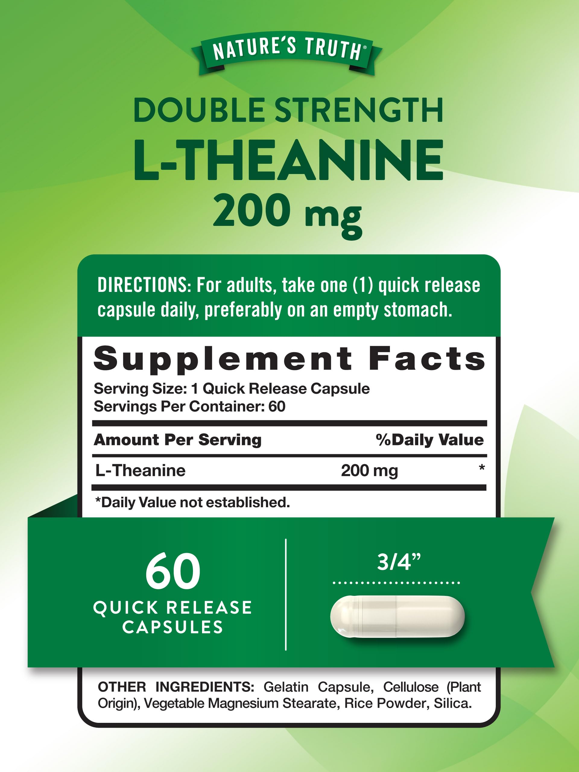 Back panel of Nature's Truth L-Theanine 200 mg bottle showing supplement facts