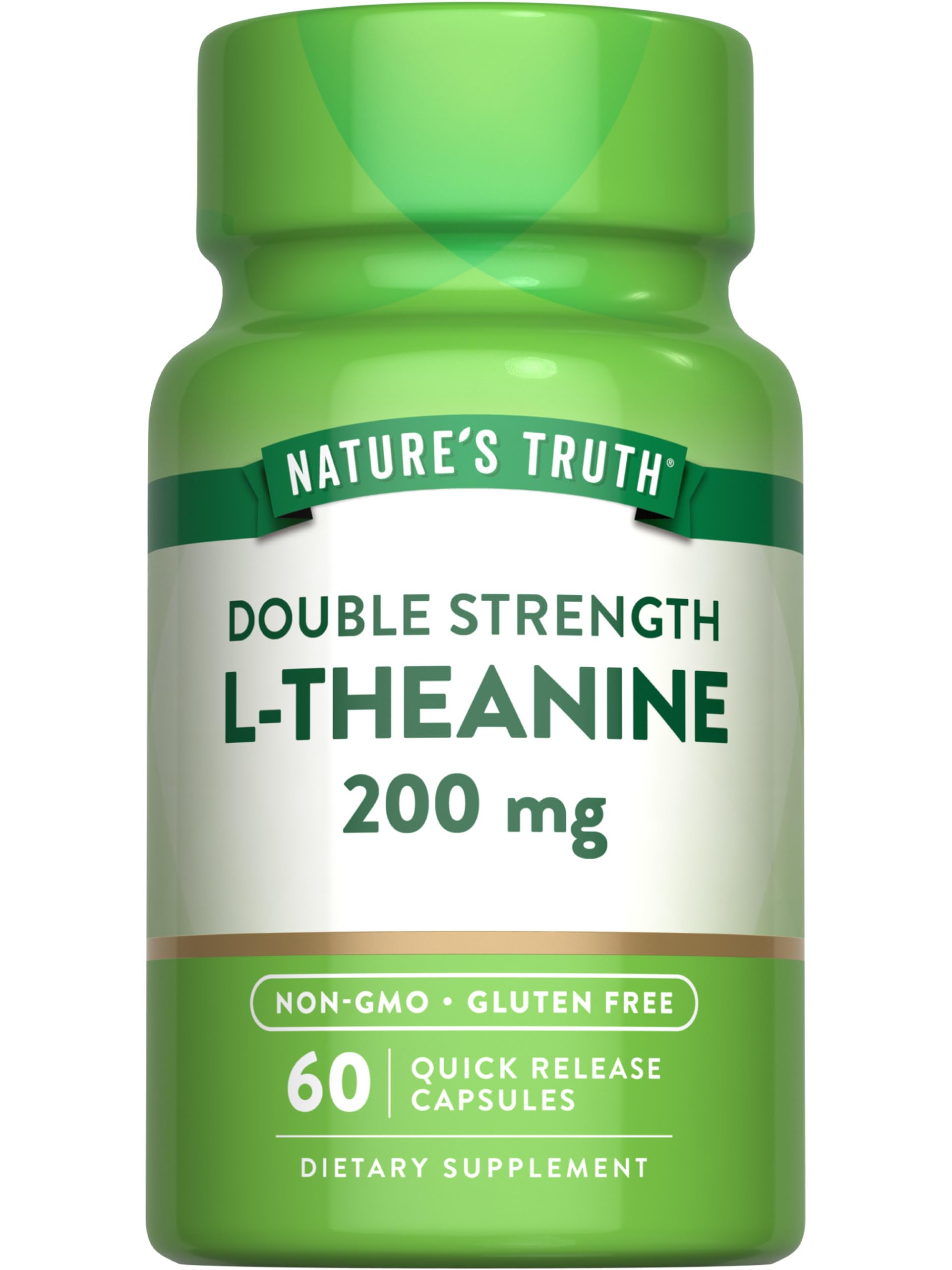 Front view of Nature's Truth L-Theanine 200 mg bottle with 60 capsules