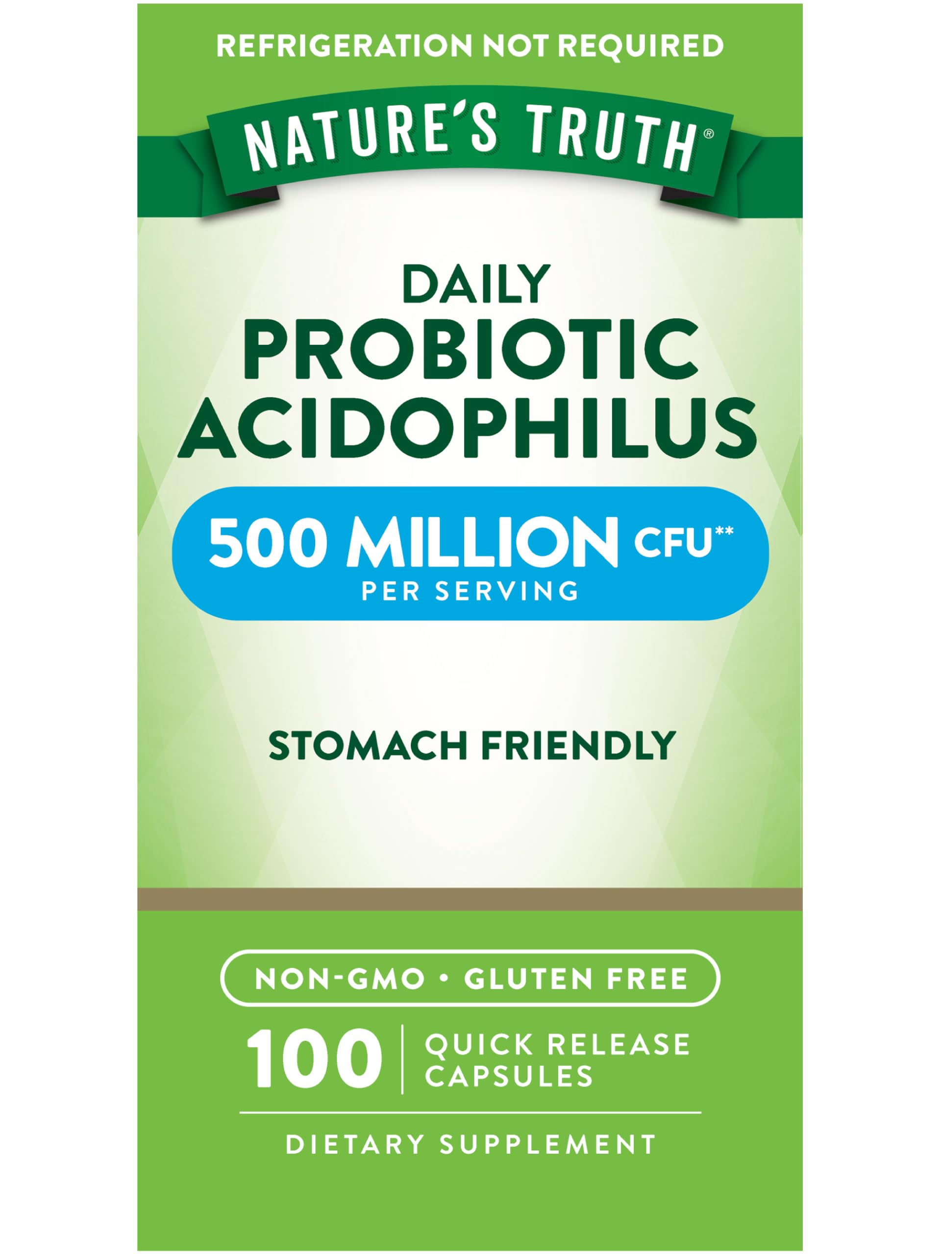 Front of Nature's Truth Probiotics bottle for men and women with 100 capsules and 500 million CFU