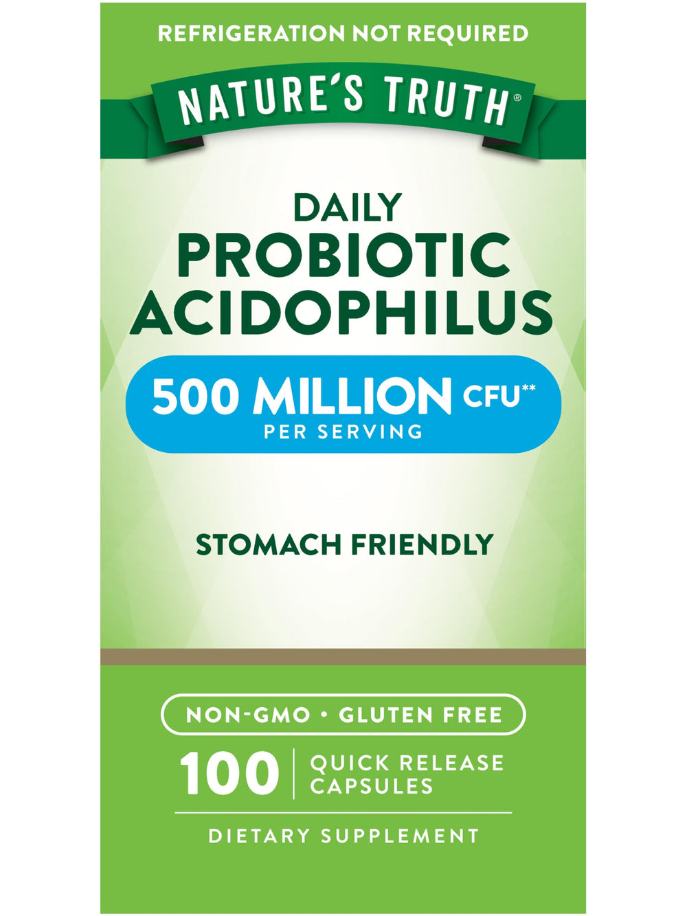Front of Nature's Truth Probiotics bottle for men and women with 100 capsules and 500 million CFU