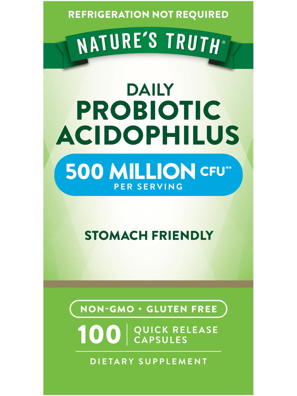 Front of Nature's Truth Probiotics bottle for men and women with 100 capsules and 500 million CFU