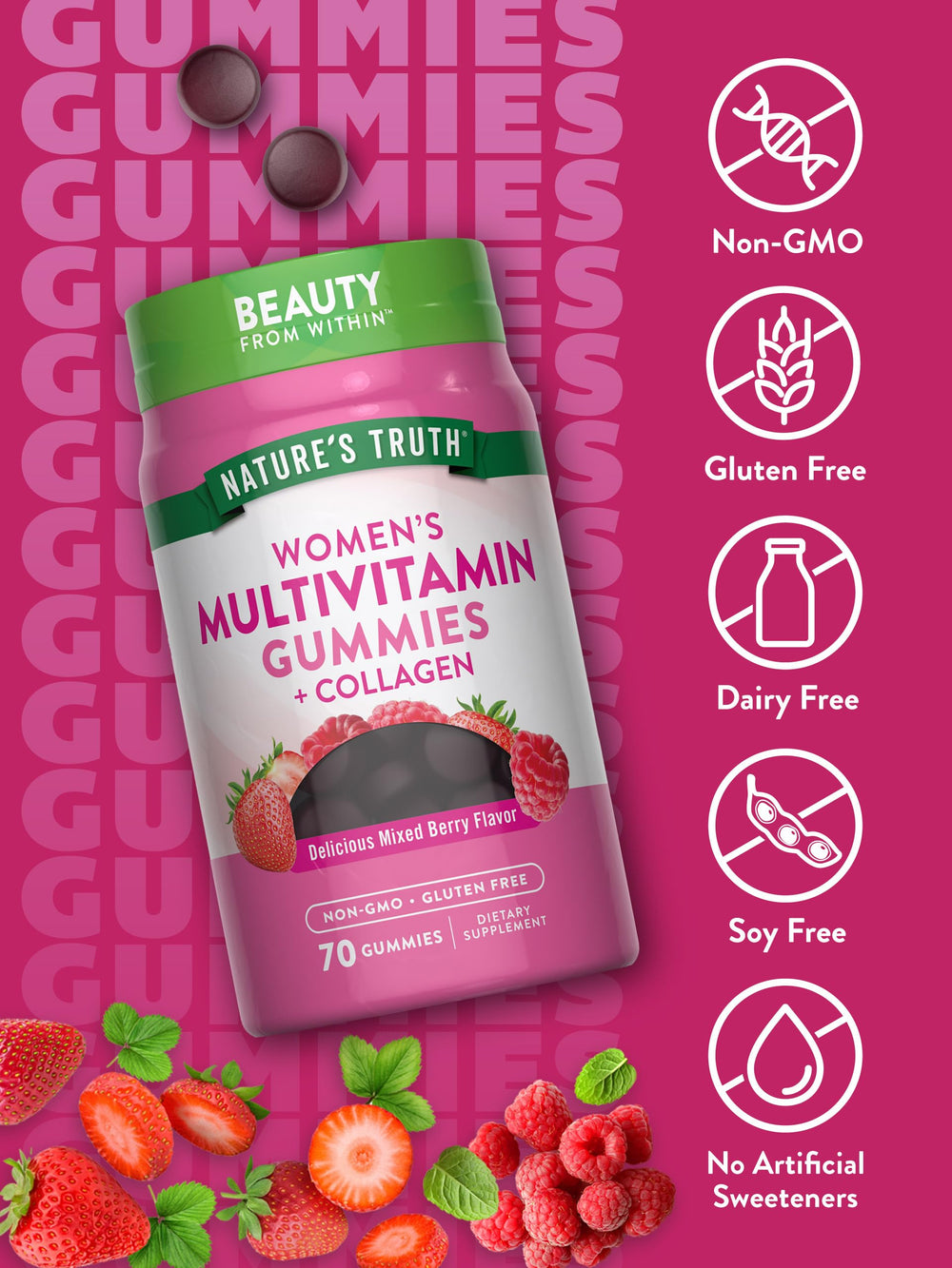Close-up of mixed berry gummy vitamins