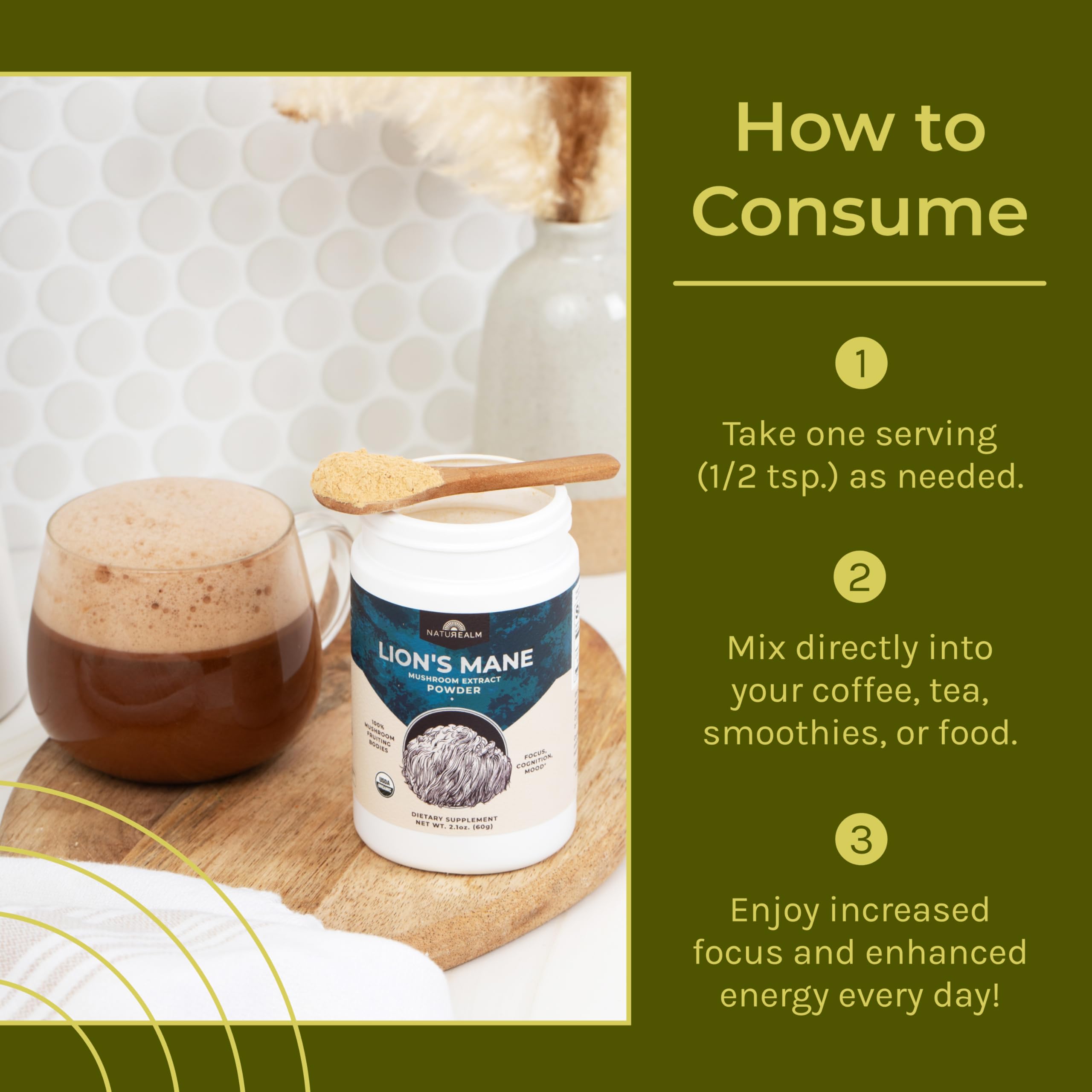 Lion's Mane powder in a glass jar with cup and natural background