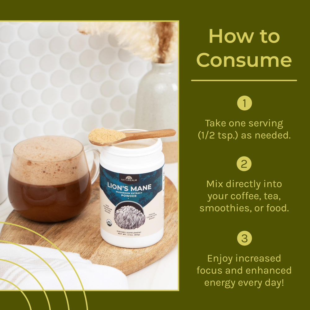 Lion's Mane powder in a glass jar with cup and natural background
