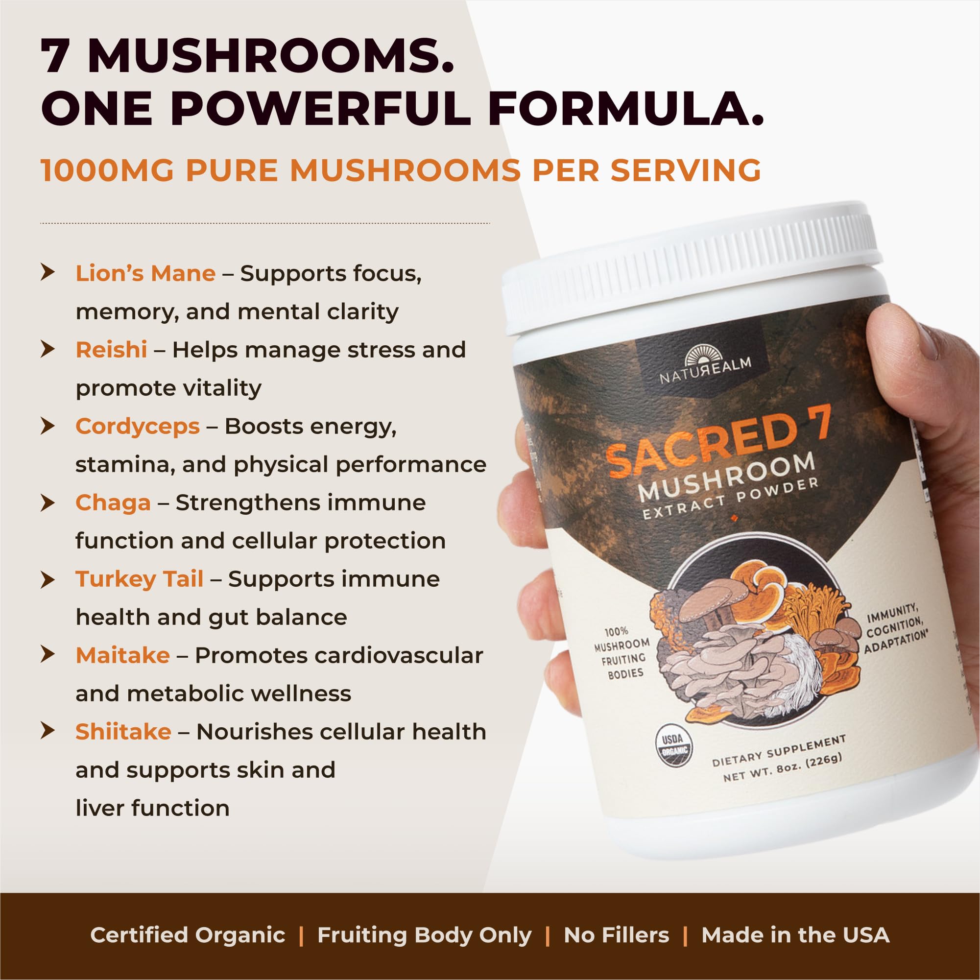 Images of seven fruiting body mushrooms used in Sacred 7
