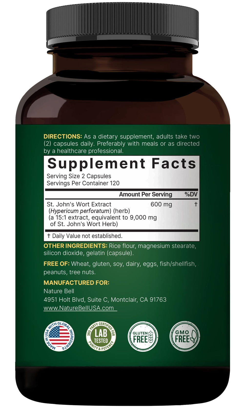 Allergen-free and Non-GMO badge for NatureBell St. John’s Wort