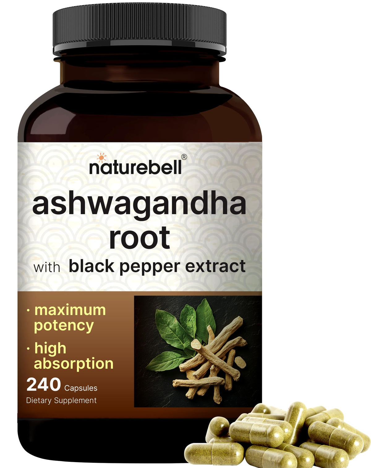NatureBell Ashwagandha with Black Pepper bottle and 240 capsules