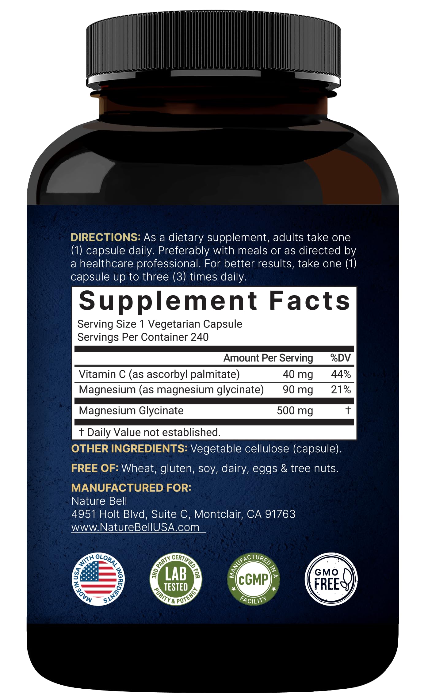 NatureBell capsules closeup — chelated magnesium for gentle digestion and absorption.
