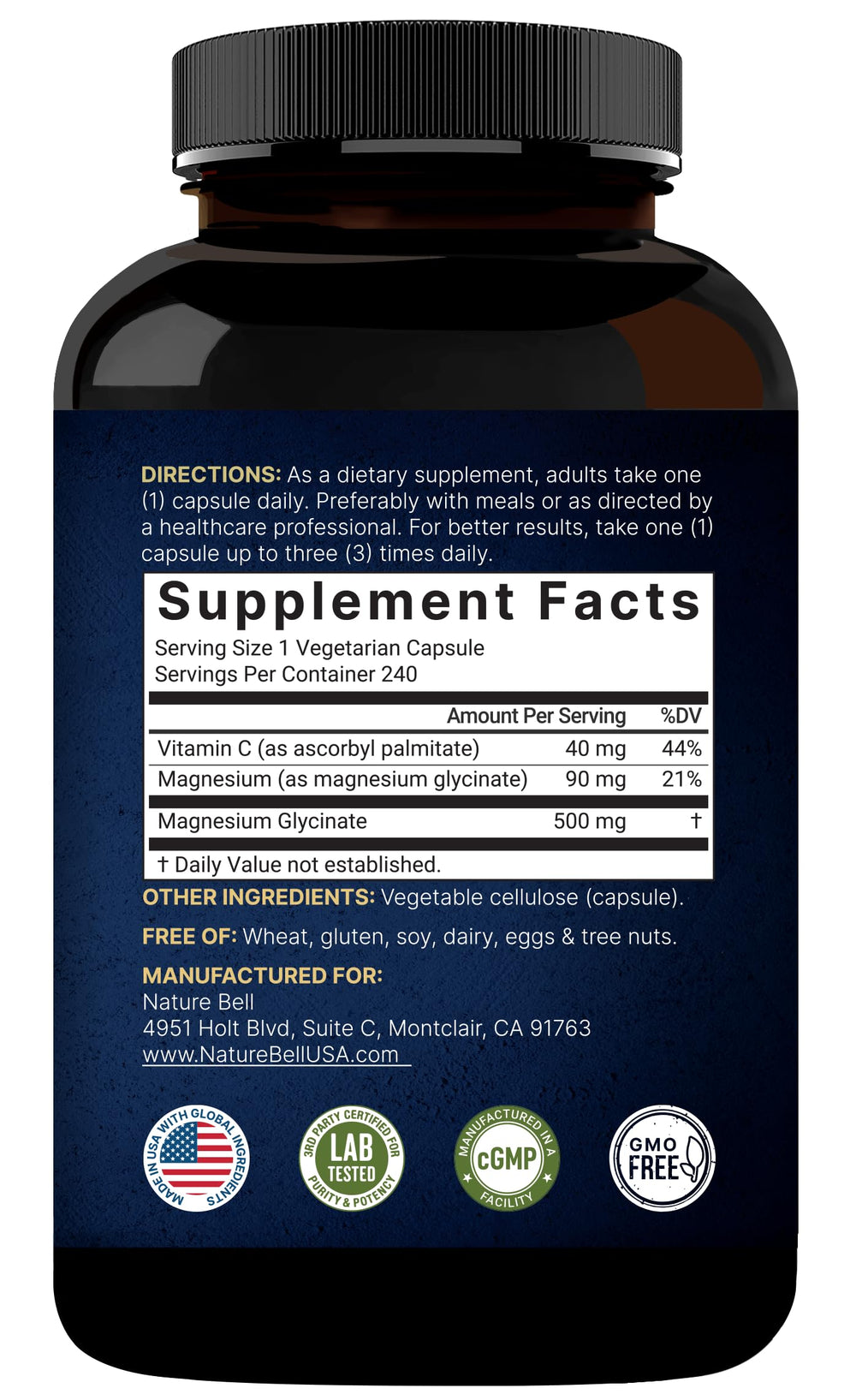 NatureBell capsules closeup — chelated magnesium for gentle digestion and absorption.