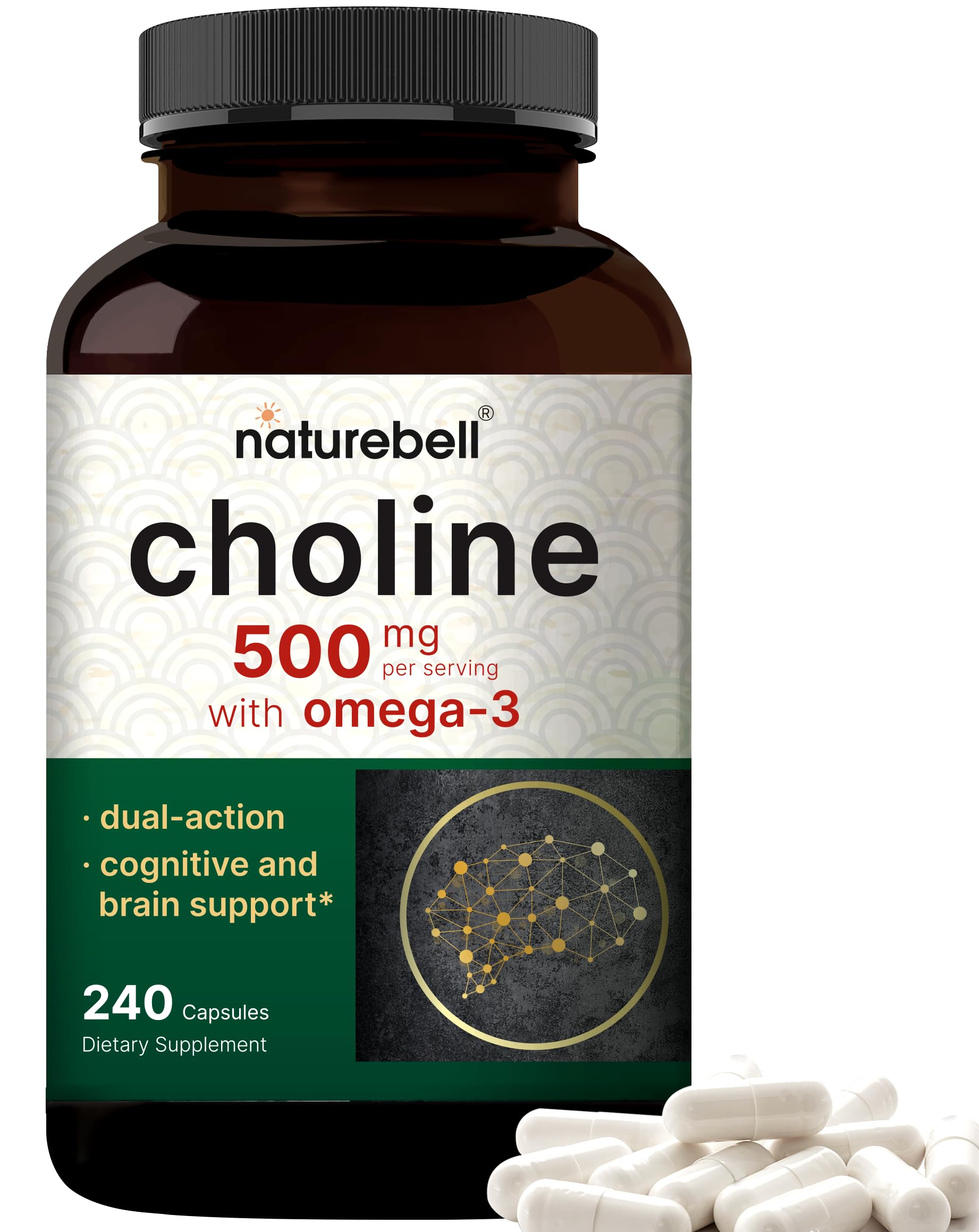 Front view of NatureBell Choline 500mg with Omega-3 240 capsules bottle
