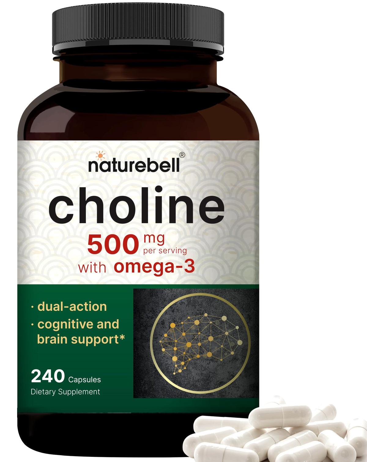 Front view of NatureBell Choline 500mg with Omega-3 240 capsules bottle