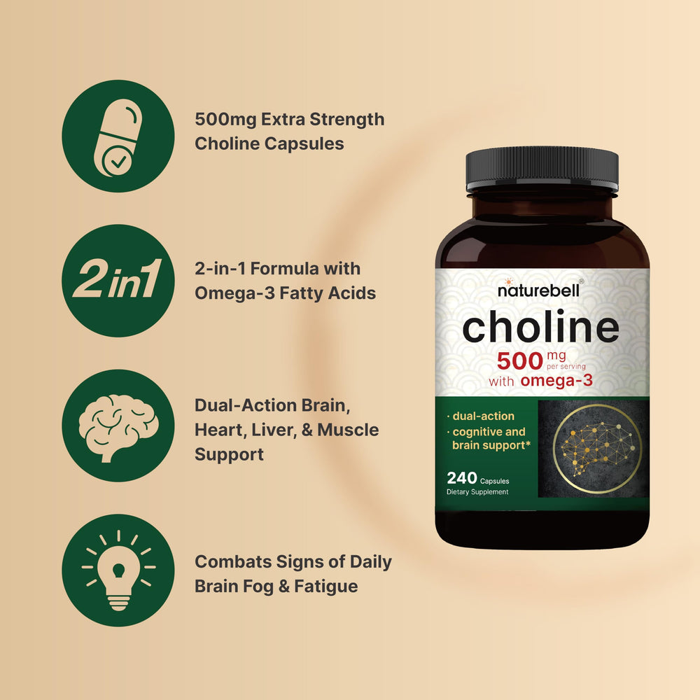 Choline and omega-3 DHA/EPA capsules close-up