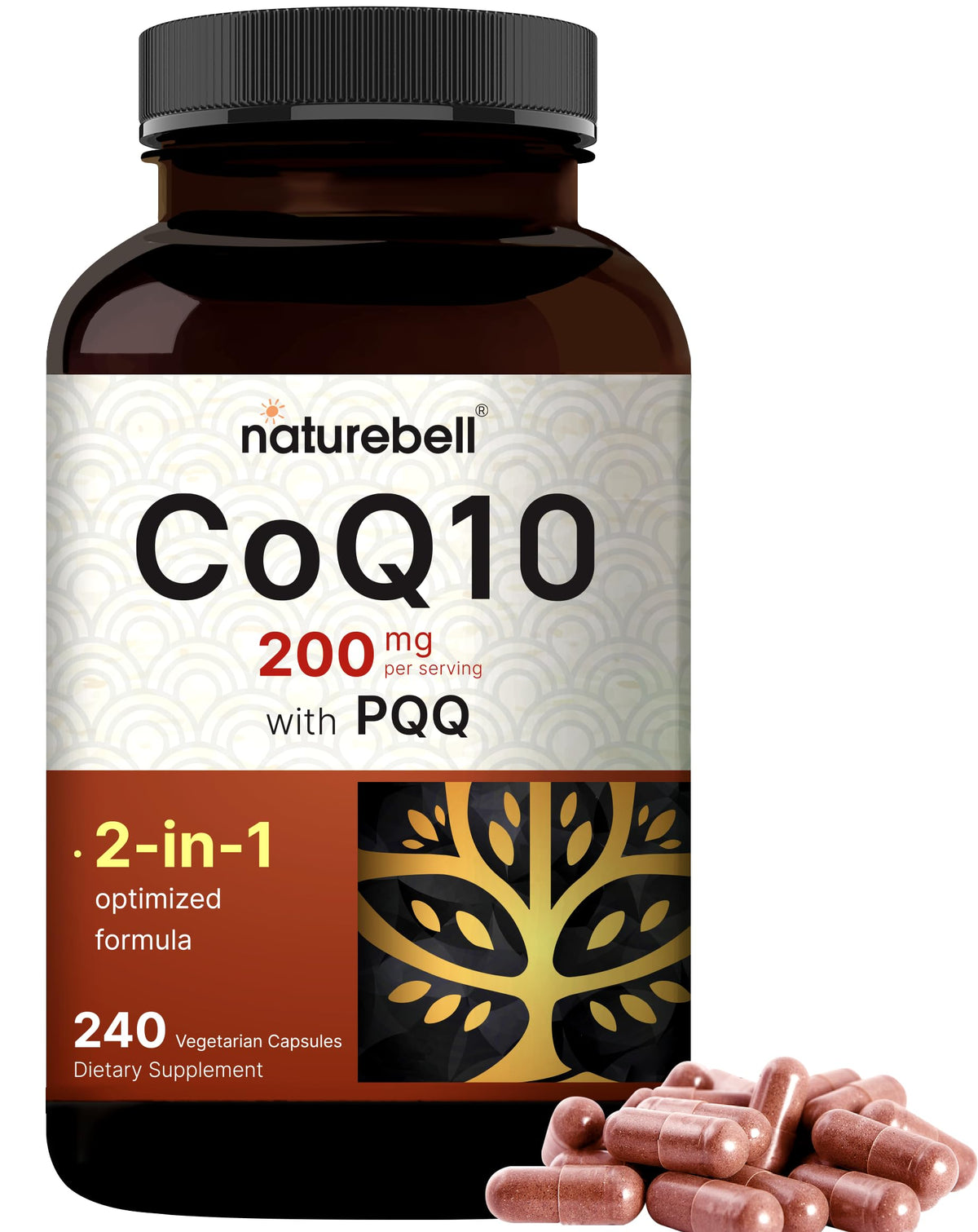 Front view of NatureBell CoQ10 200mg with PQQ capsules
