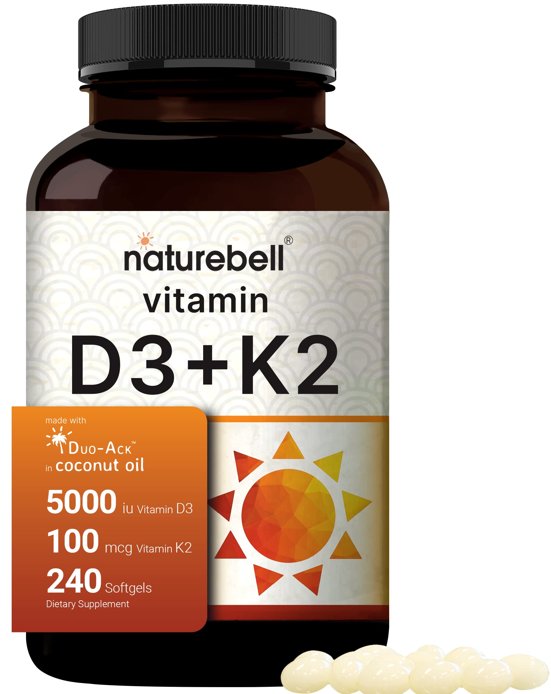 NatureBell D3 and K2 softgels 5000 IU with 240-count bottle