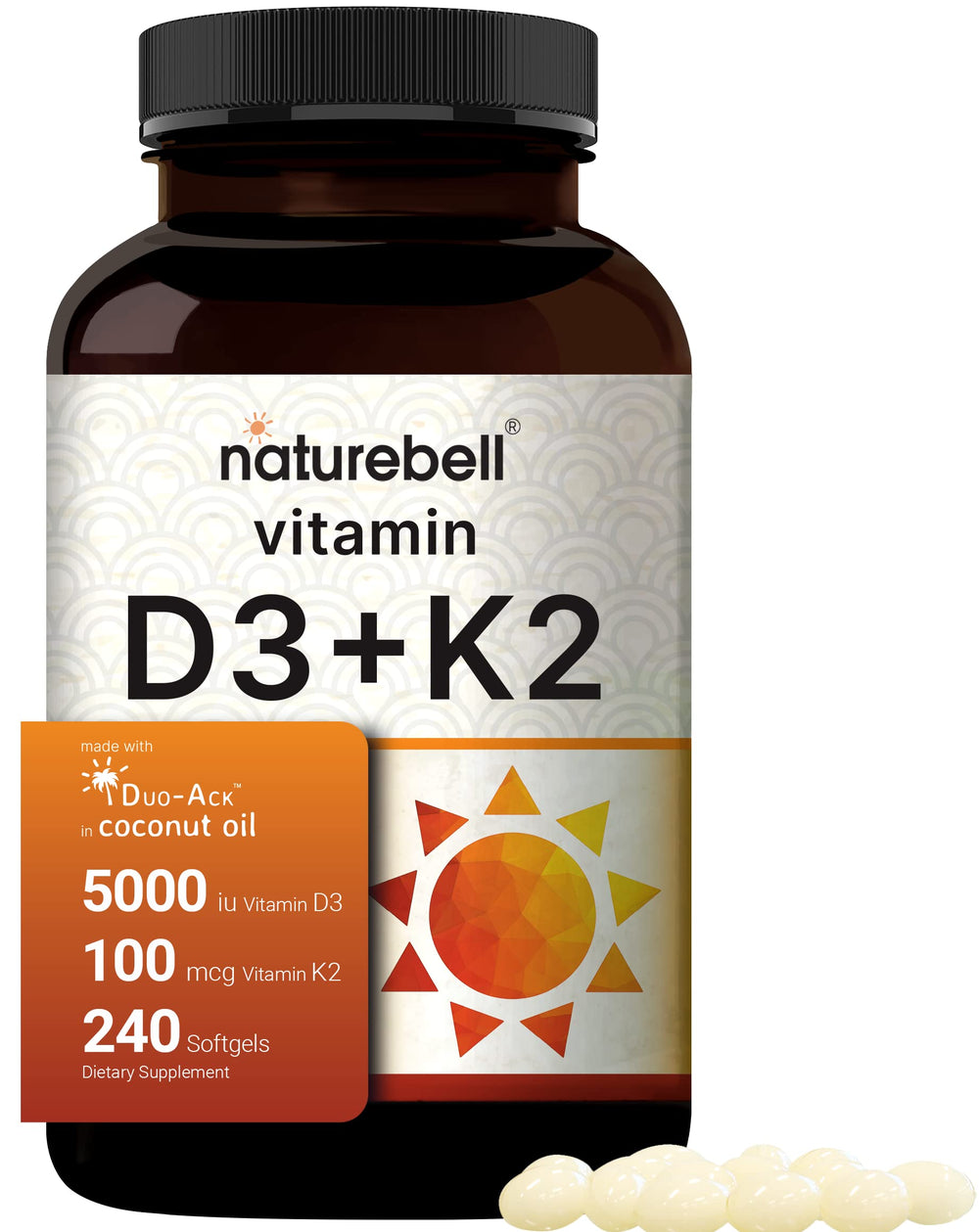 NatureBell D3 and K2 softgels 5000 IU with 240-count bottle