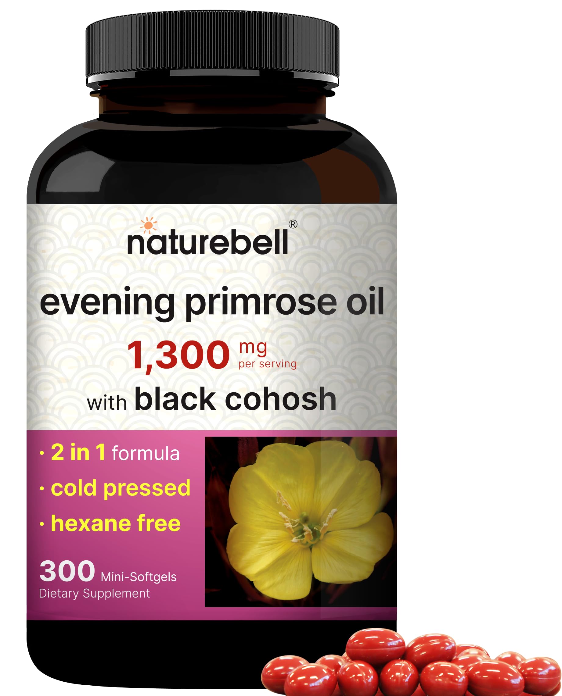 NatureBell Evening Primrose Oil bottle with 300 mini-softgels