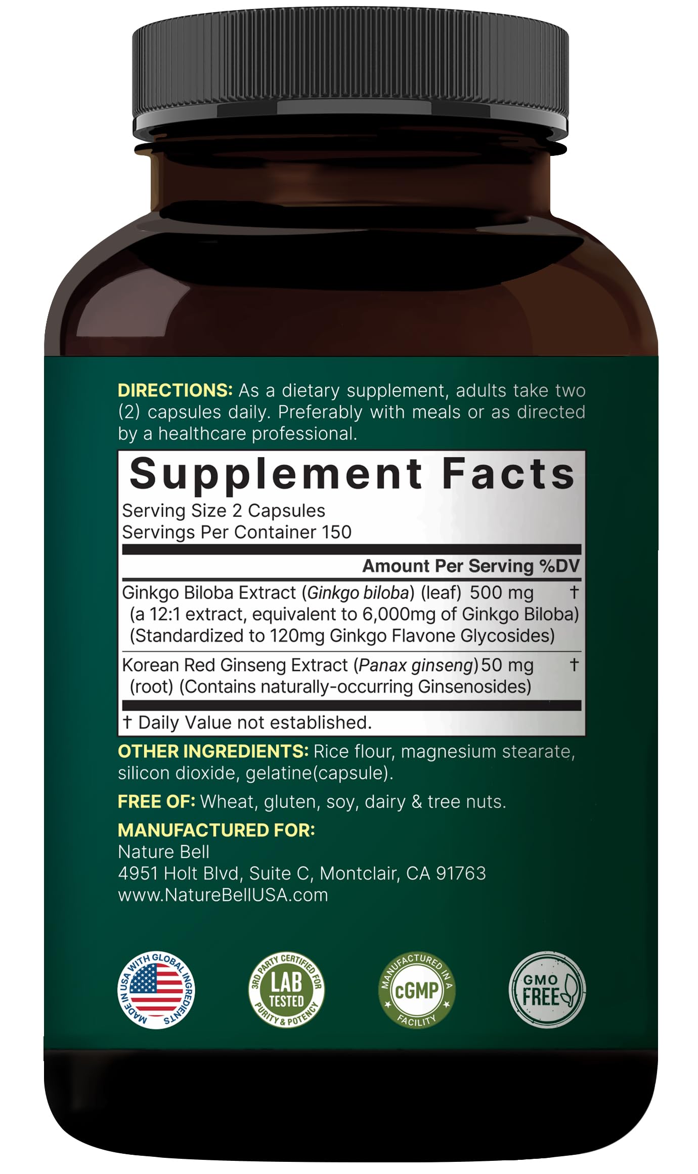 Label highlighting 120mg active ginkgo flavone glycosides per serving
