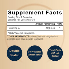 Label showing 400mcg per serving of Huperzine A