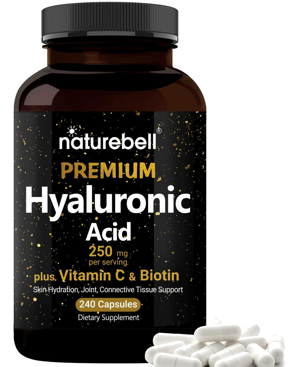 3-in-1 label highlighting hyaluronic acid, vitamin C, and biotin