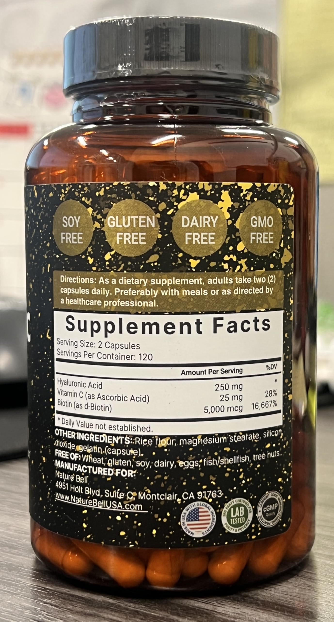 Front view of NatureBell Hyaluronic Acid bottle with 240 capsules