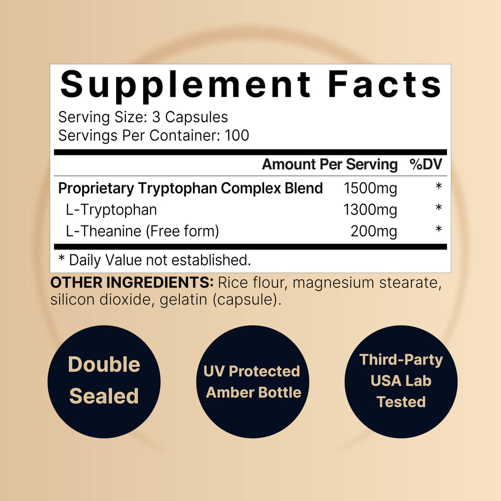 Bottle front label for NatureBell L-Tryptophan + L-Theanine
