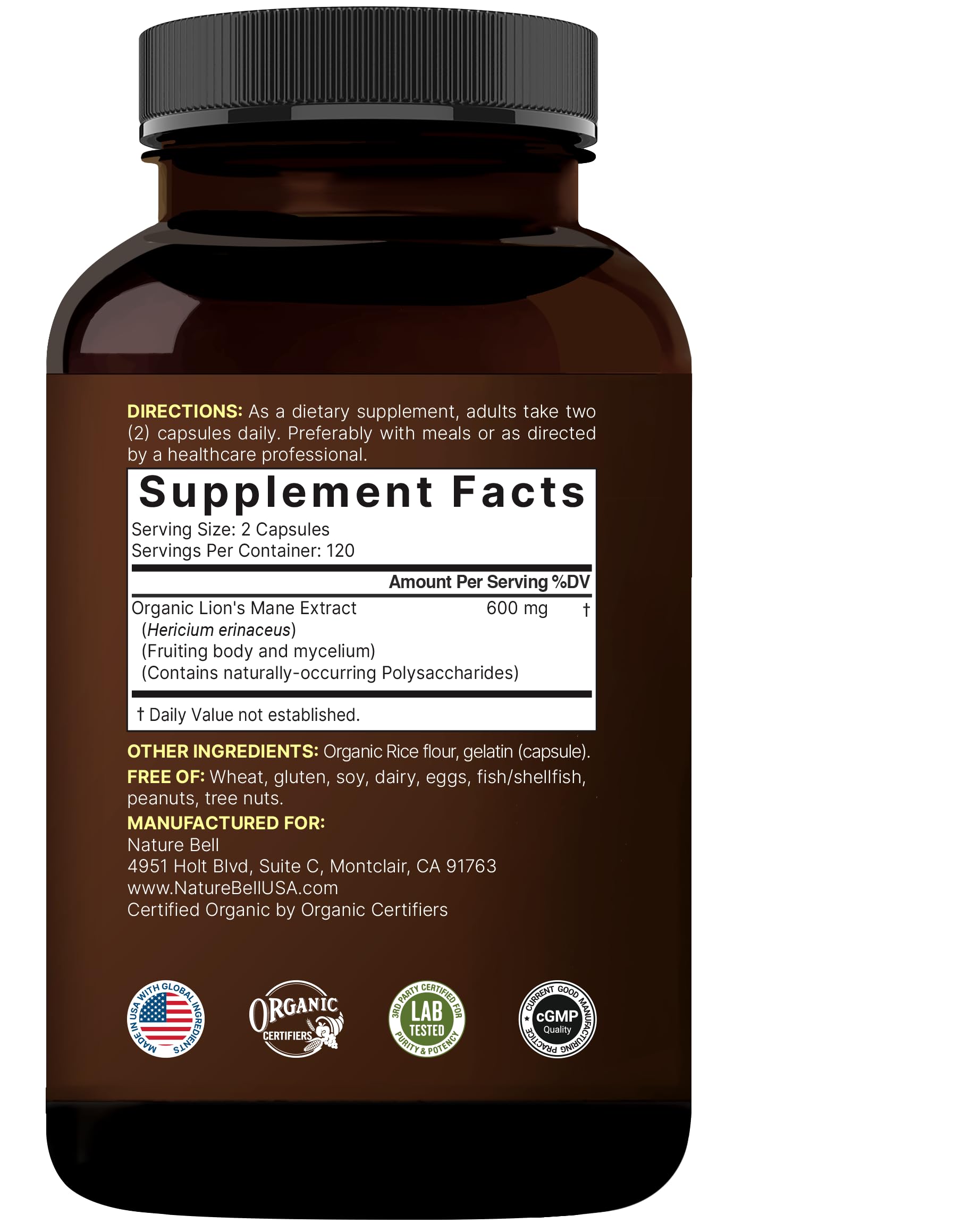 Non-GMO NatureBell Lions Mane supplement label