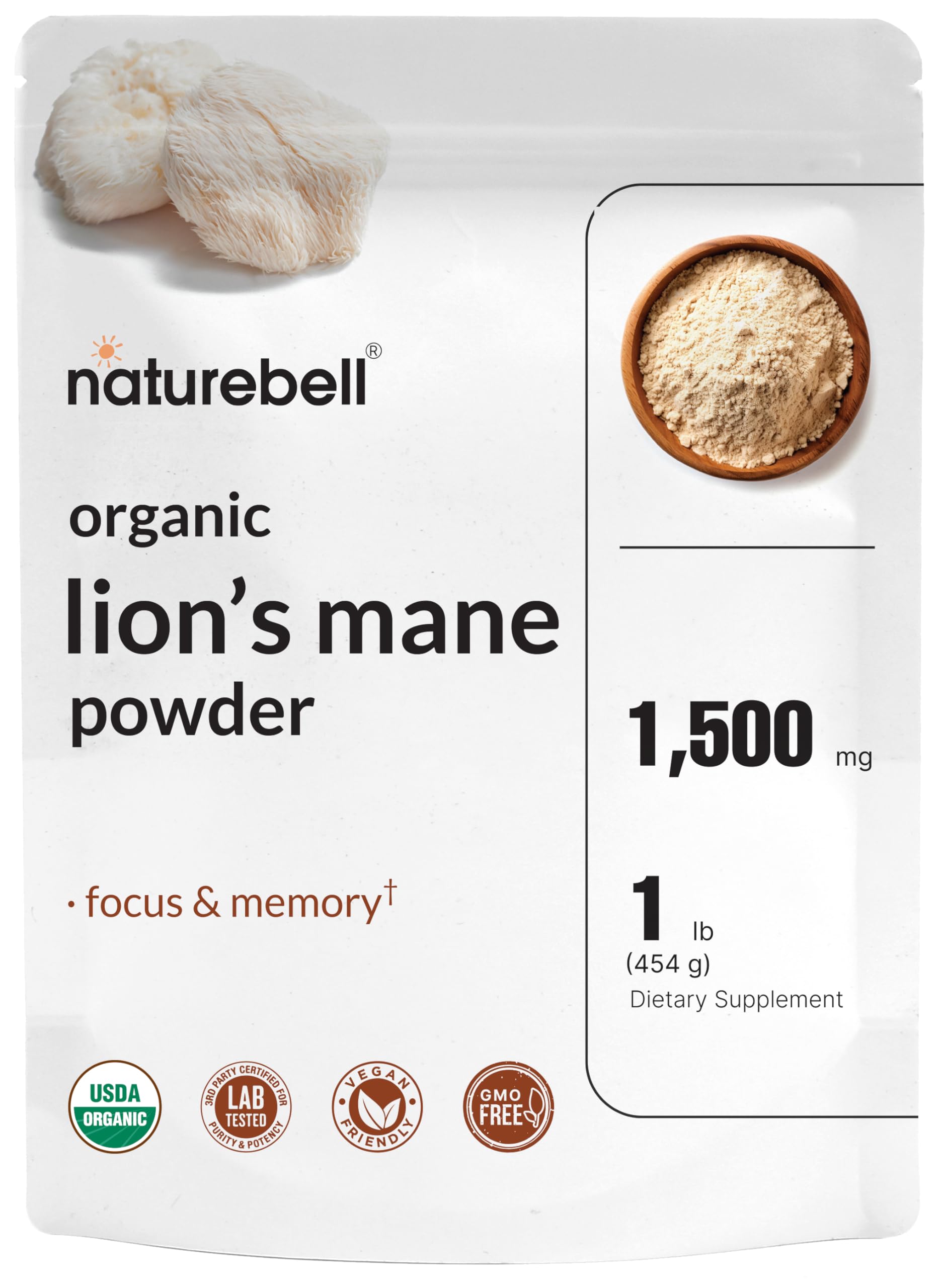 NatureBell Lion's Mane powder 1500mg per serving, 1lb front view