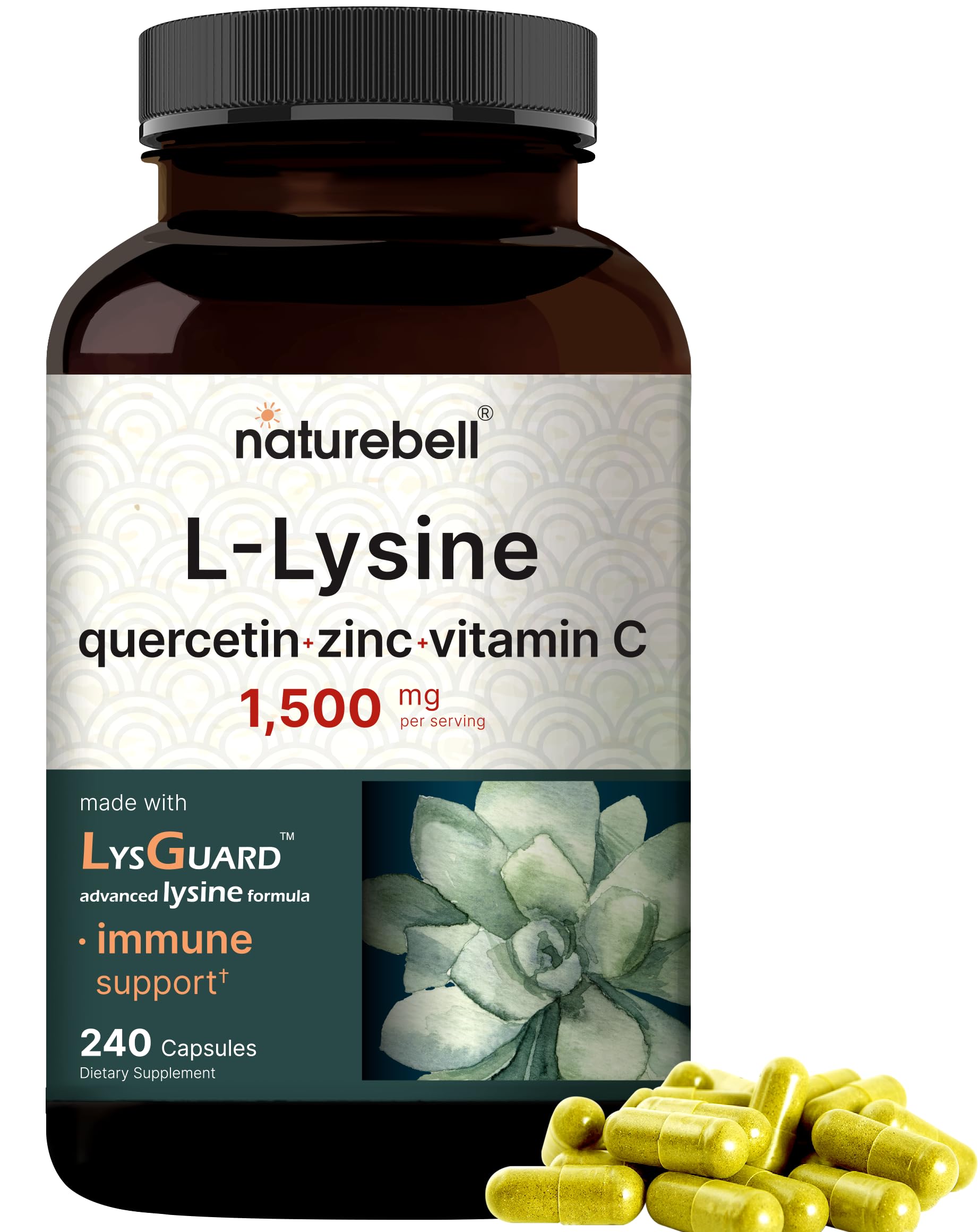 Bottle of NatureBell L-Lysine 1000mg capsules with LysGuard immune-support blend