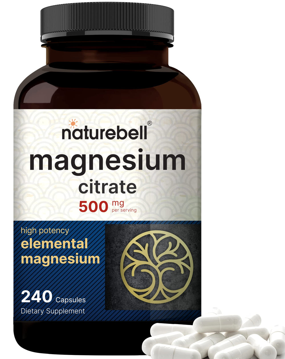 NatureBell Magnesium Citrate 500mg bottle and capsules
