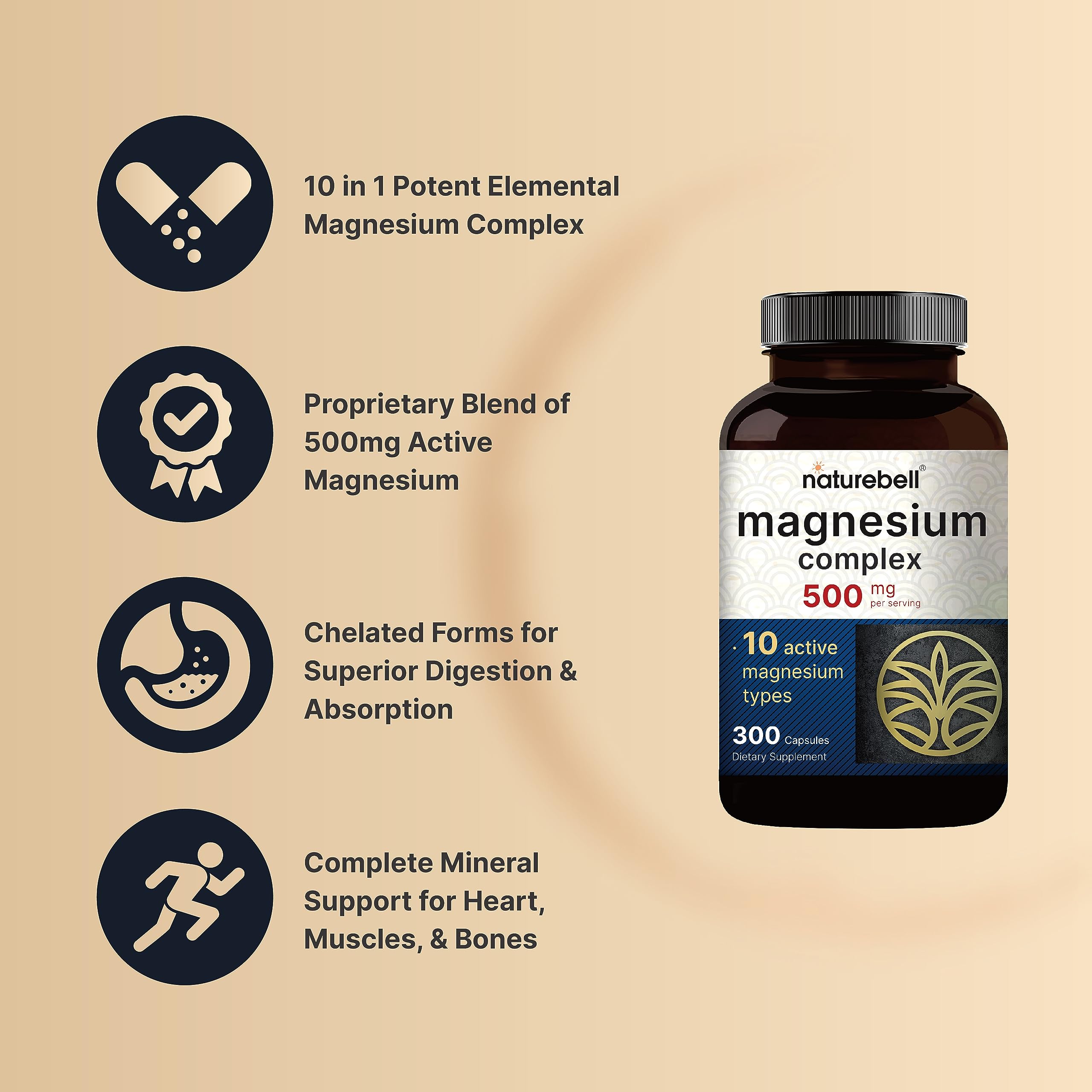 NatureBell label on bottle highlighting the 10-in-1 magnesium forms and allergen-free formula.