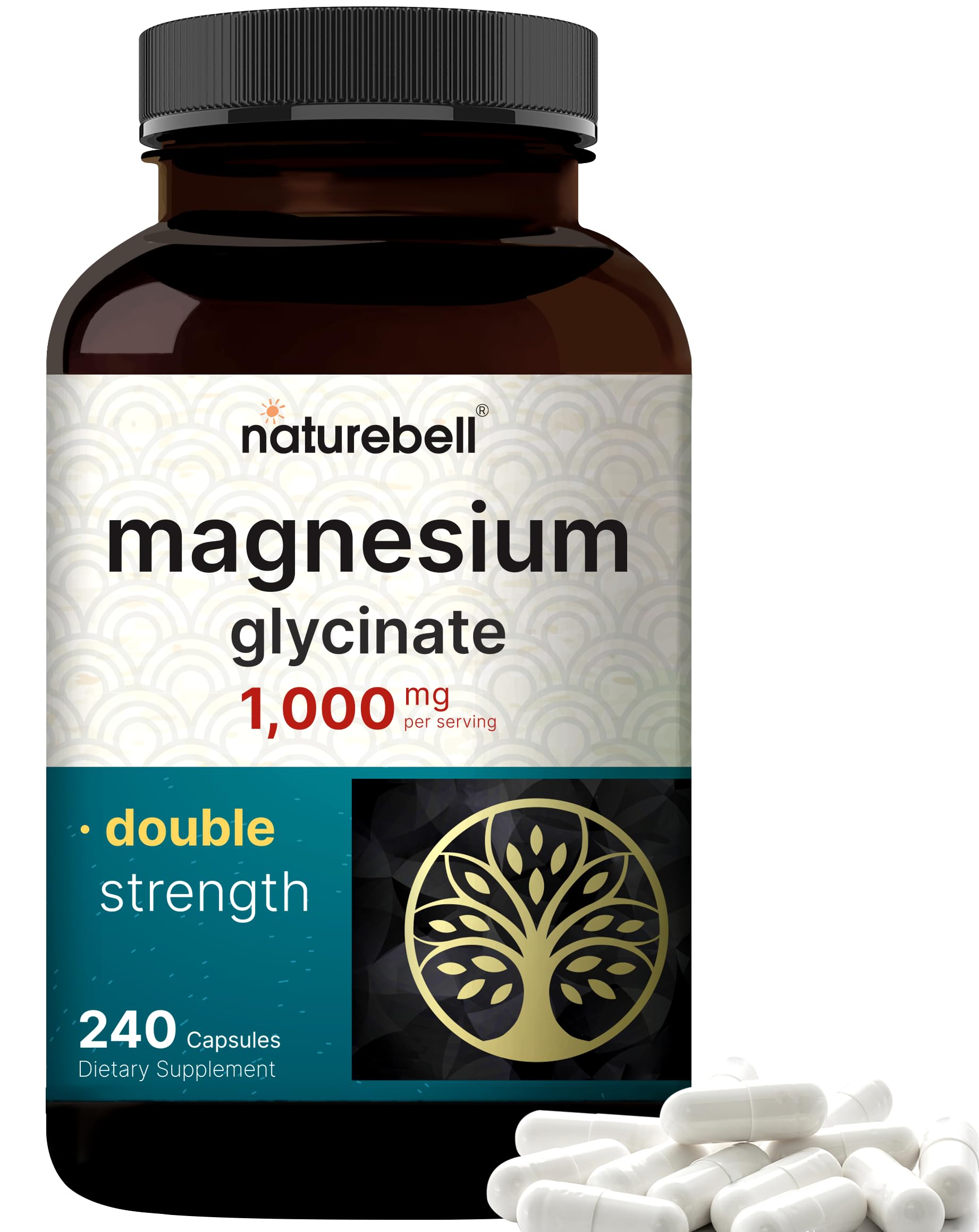 NatureBell Magnesium Glycinate 1000mg bottle and capsules - hero image