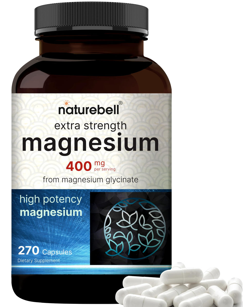 NatureBell Magnesium Glycinate 400mg bottle with 270 capsules on white background