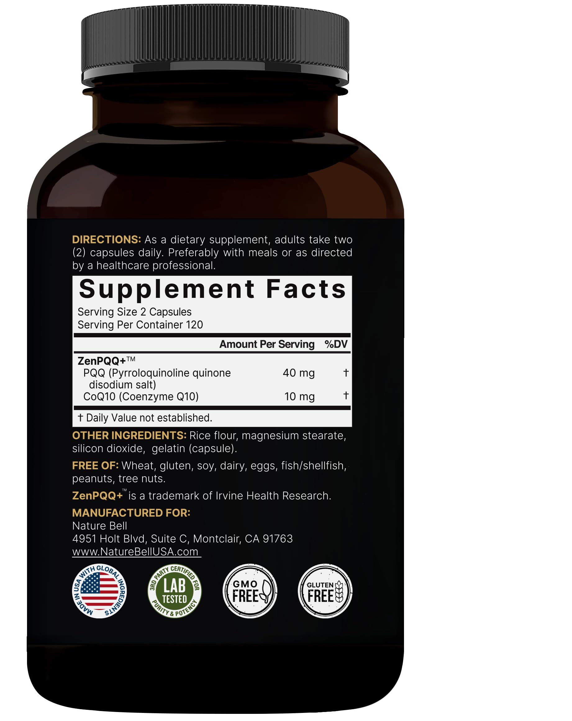 Supplement facts panel with PQQ 40mg and CoQ10 10mg