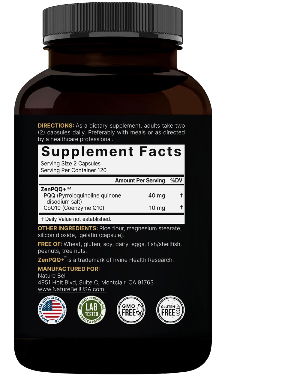 Supplement facts panel with PQQ 40mg and CoQ10 10mg