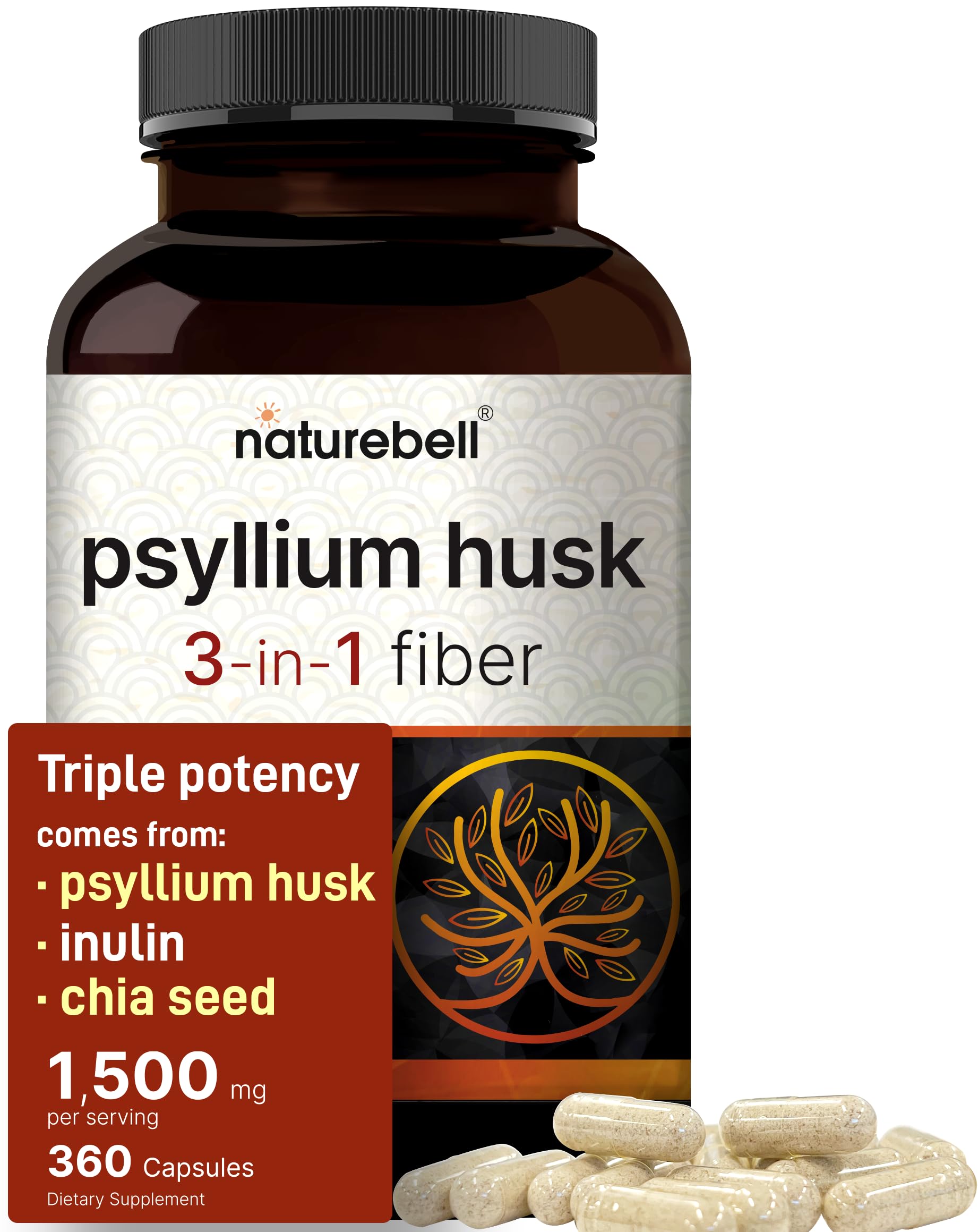 NatureBell Psyllium Husk Fiber bottle with 360 capsules