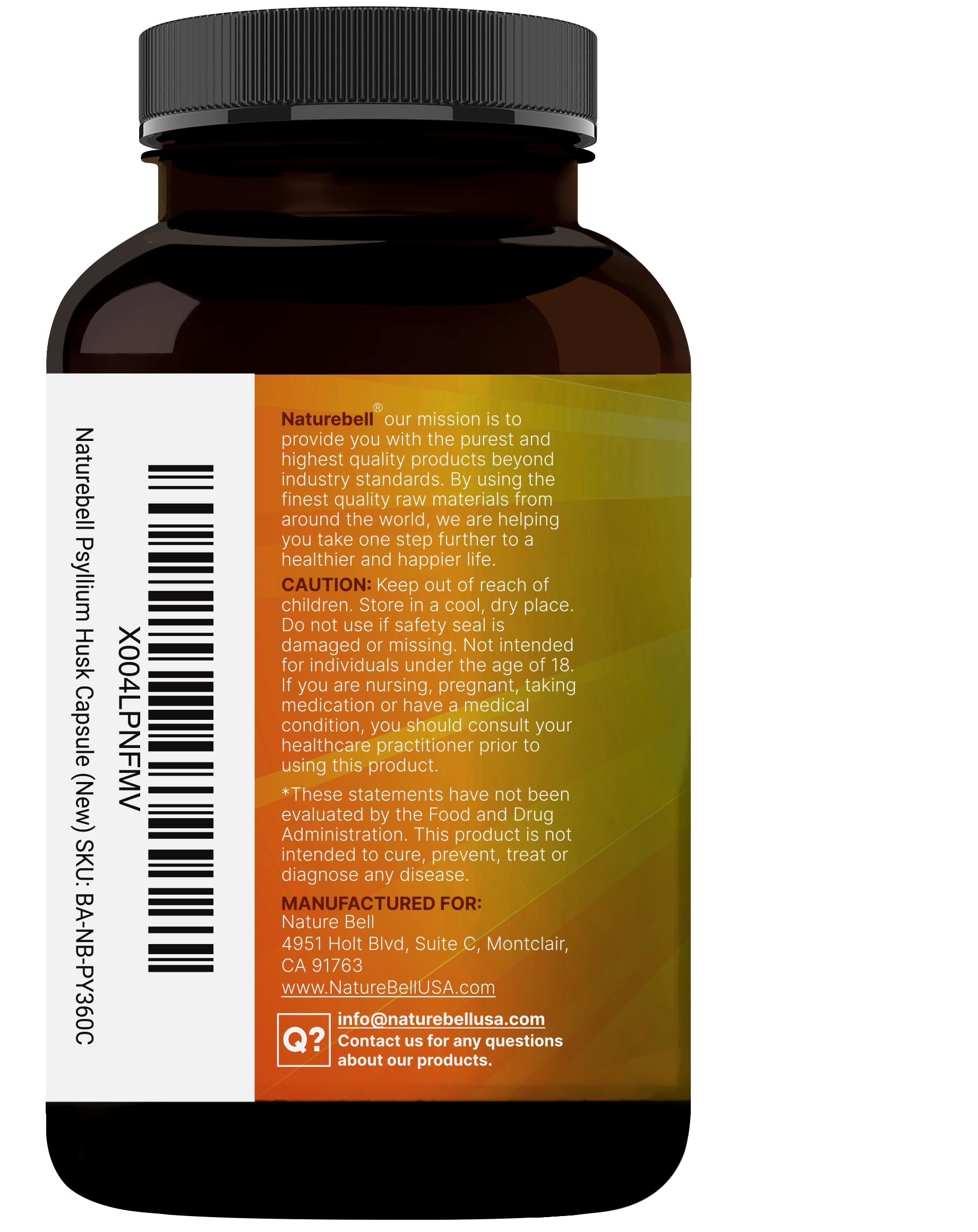 Packaging and bottle of NatureBell Psyllium Husk Capsules