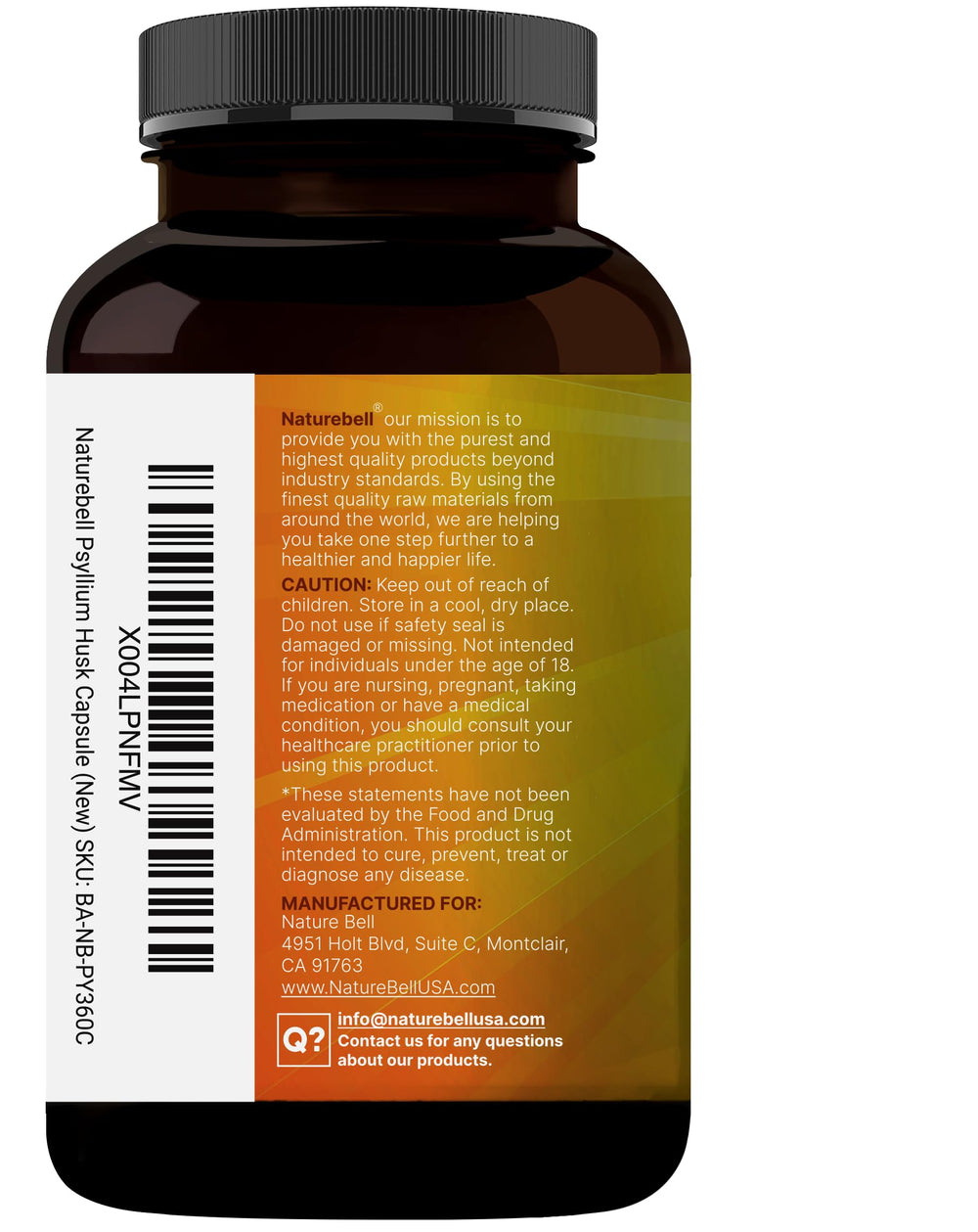 Packaging and bottle of NatureBell Psyllium Husk Capsules