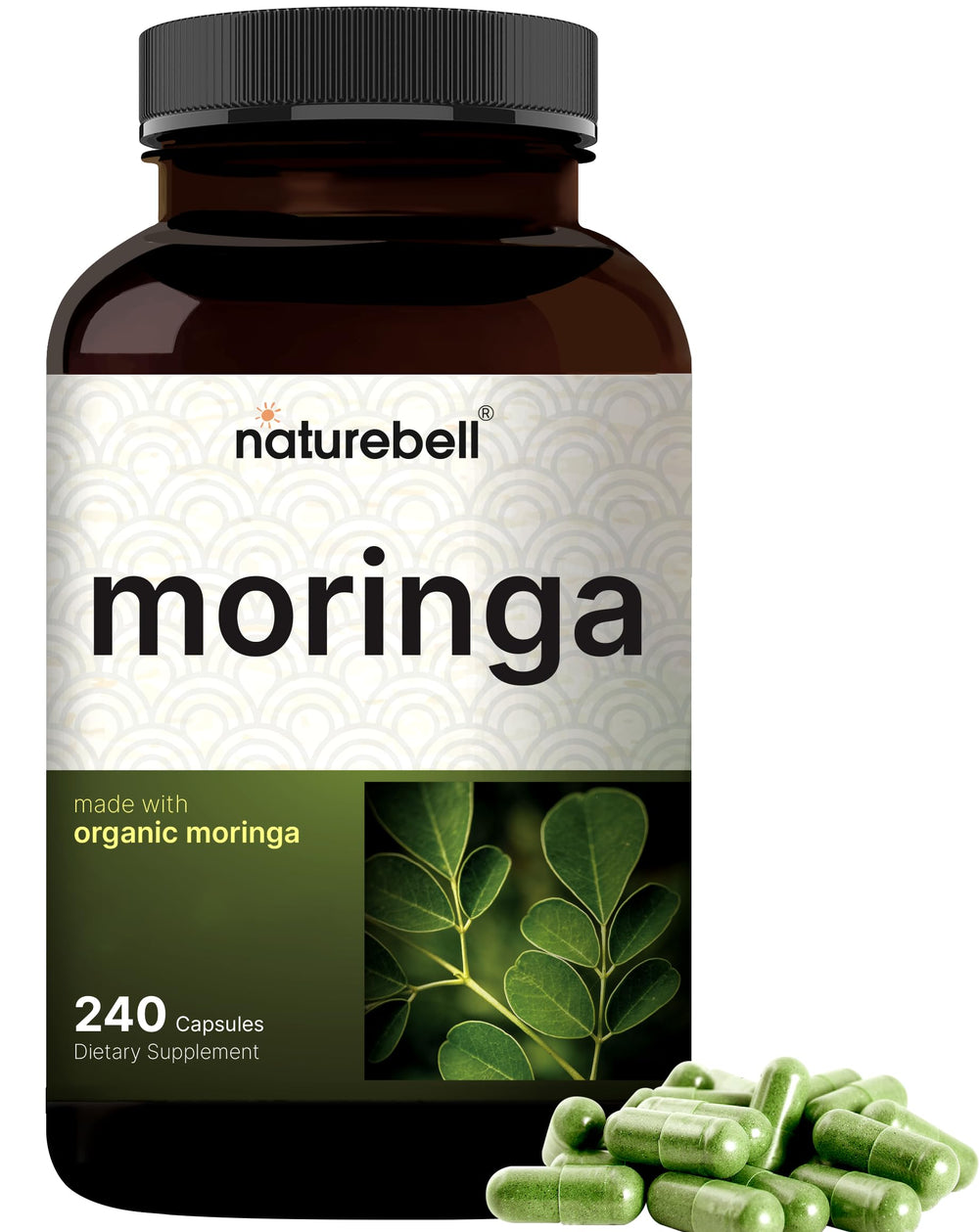 Front view of NatureBell Pure Moringa Capsules bottle