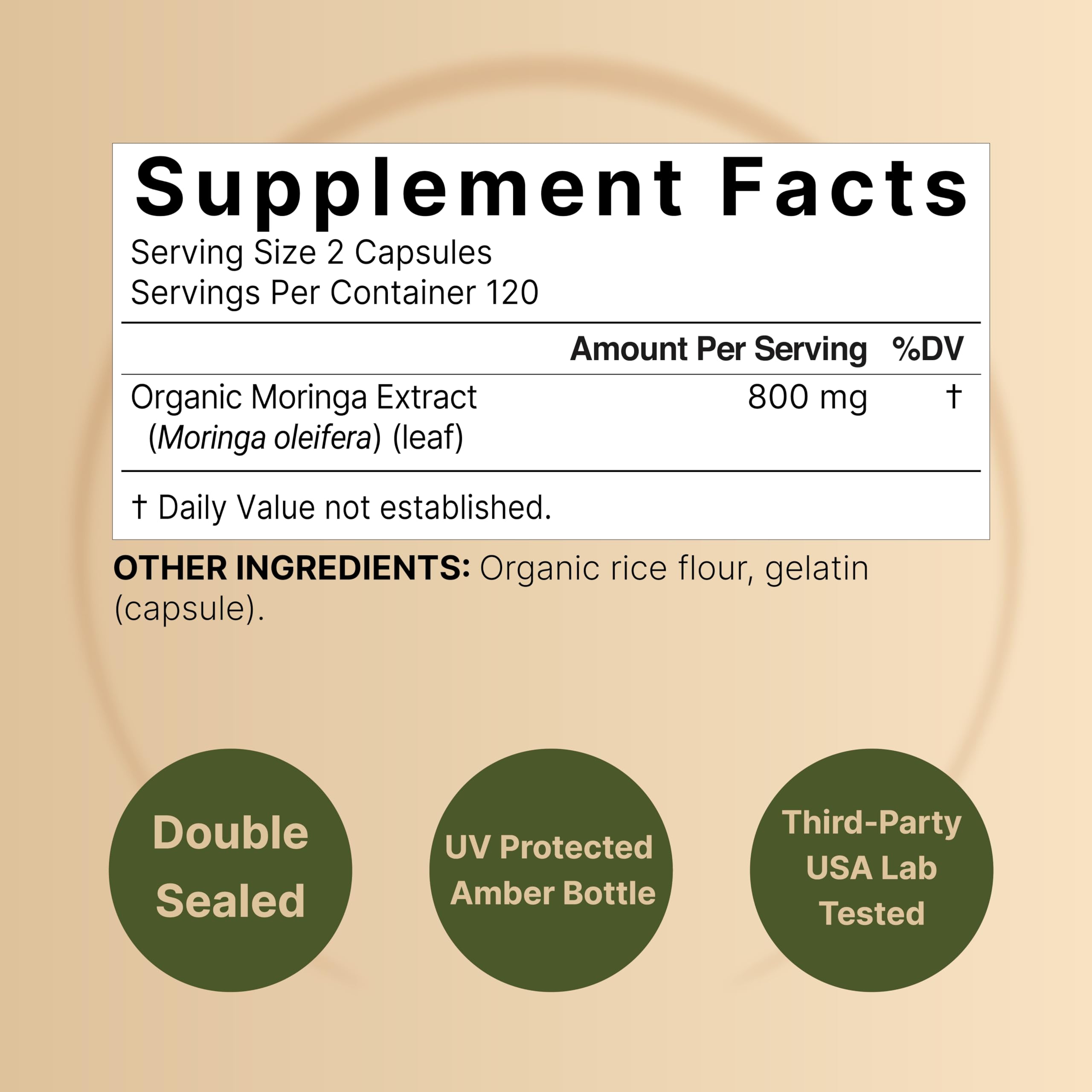 Close-up of NatureBell moringa capsules bottle label