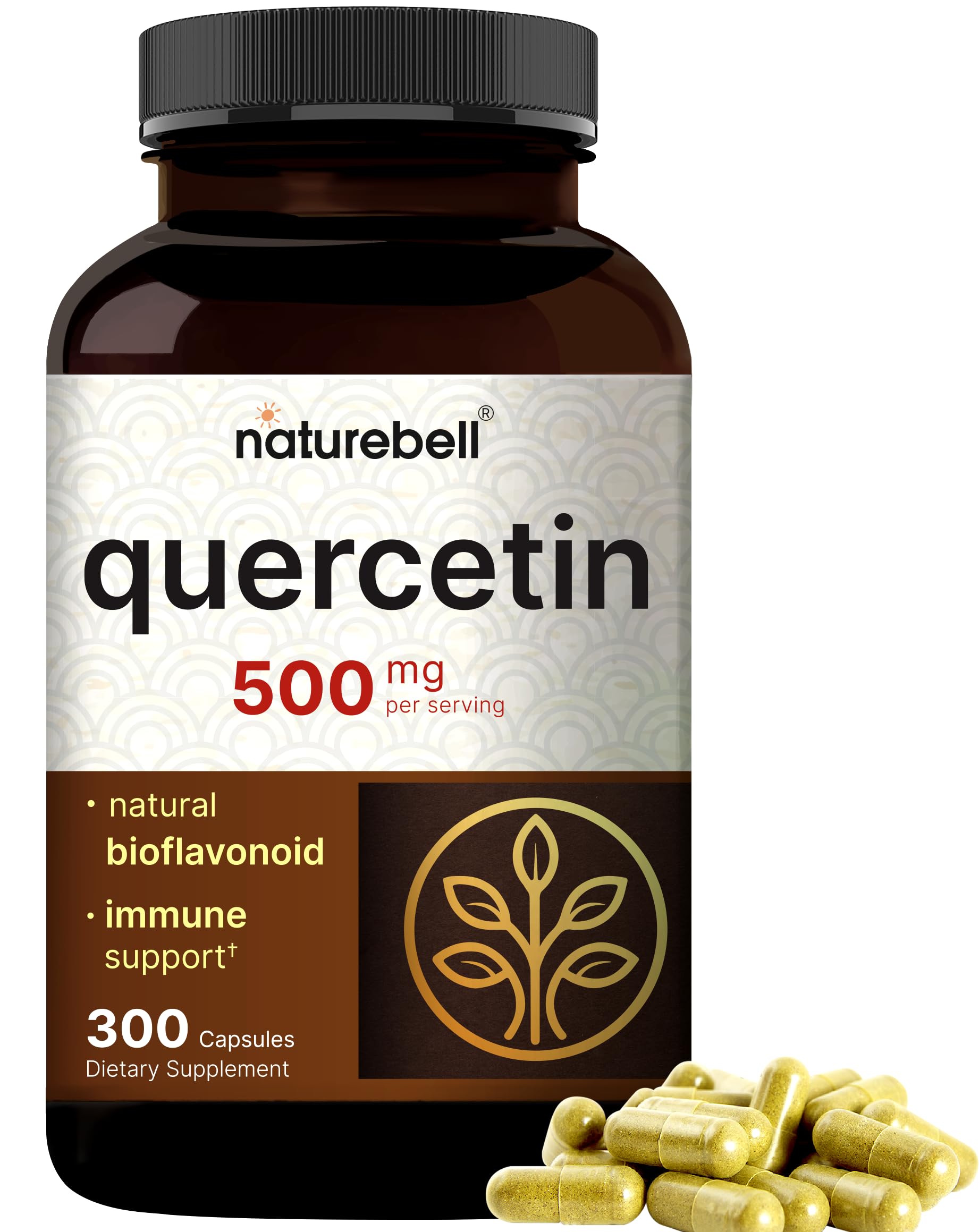 NatureBell Quercetin 500mg bottle and capsules on white background
