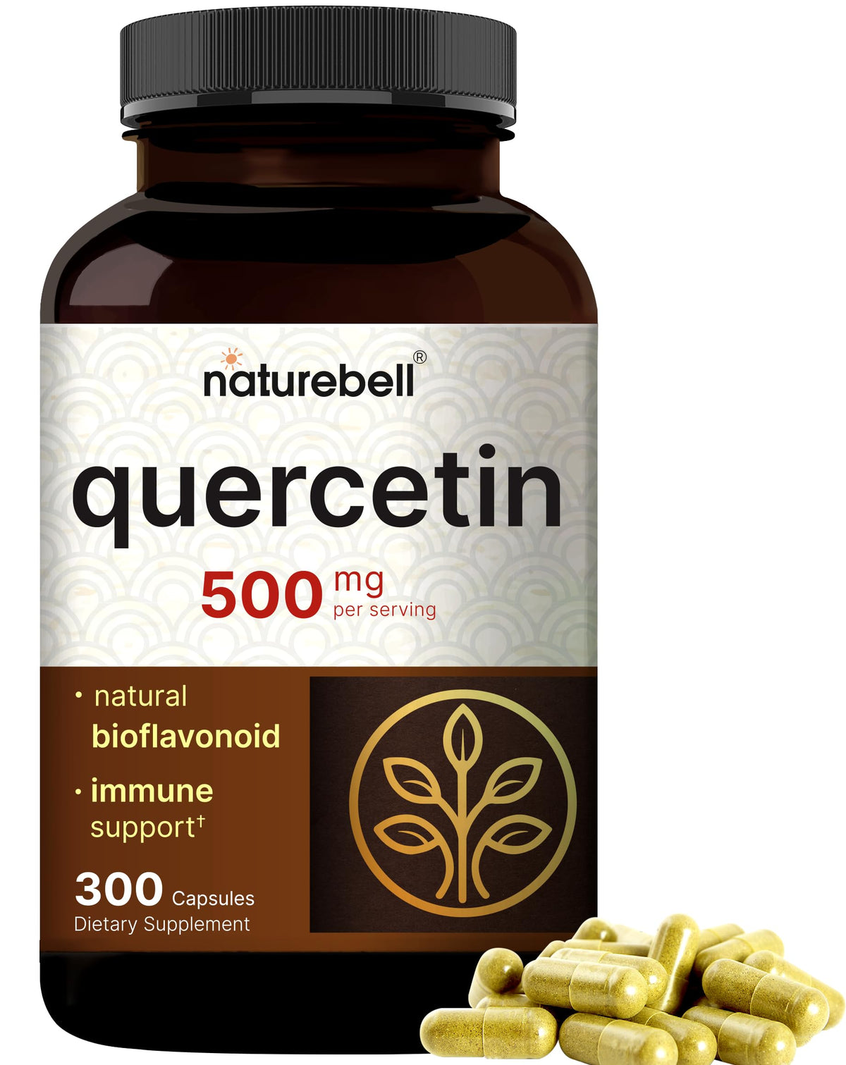 NatureBell Quercetin 500mg bottle and capsules on white background