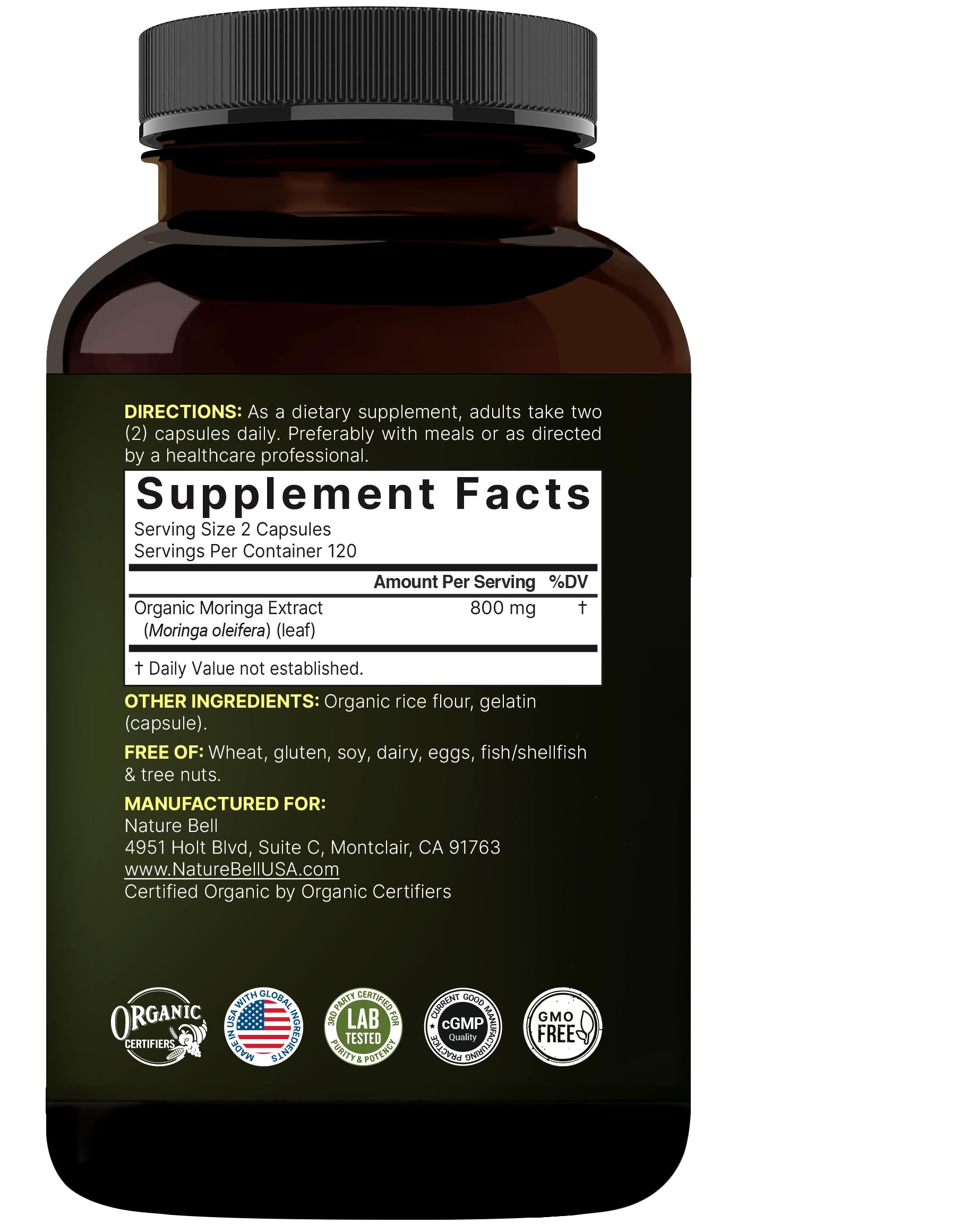 Third-party lab testing seal on Nature Bell moringa product