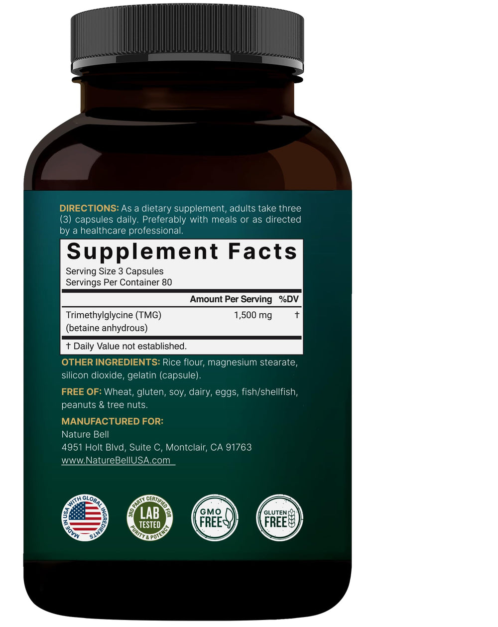 Non-GMO and gluten-free icons on NatureBell TMG packaging